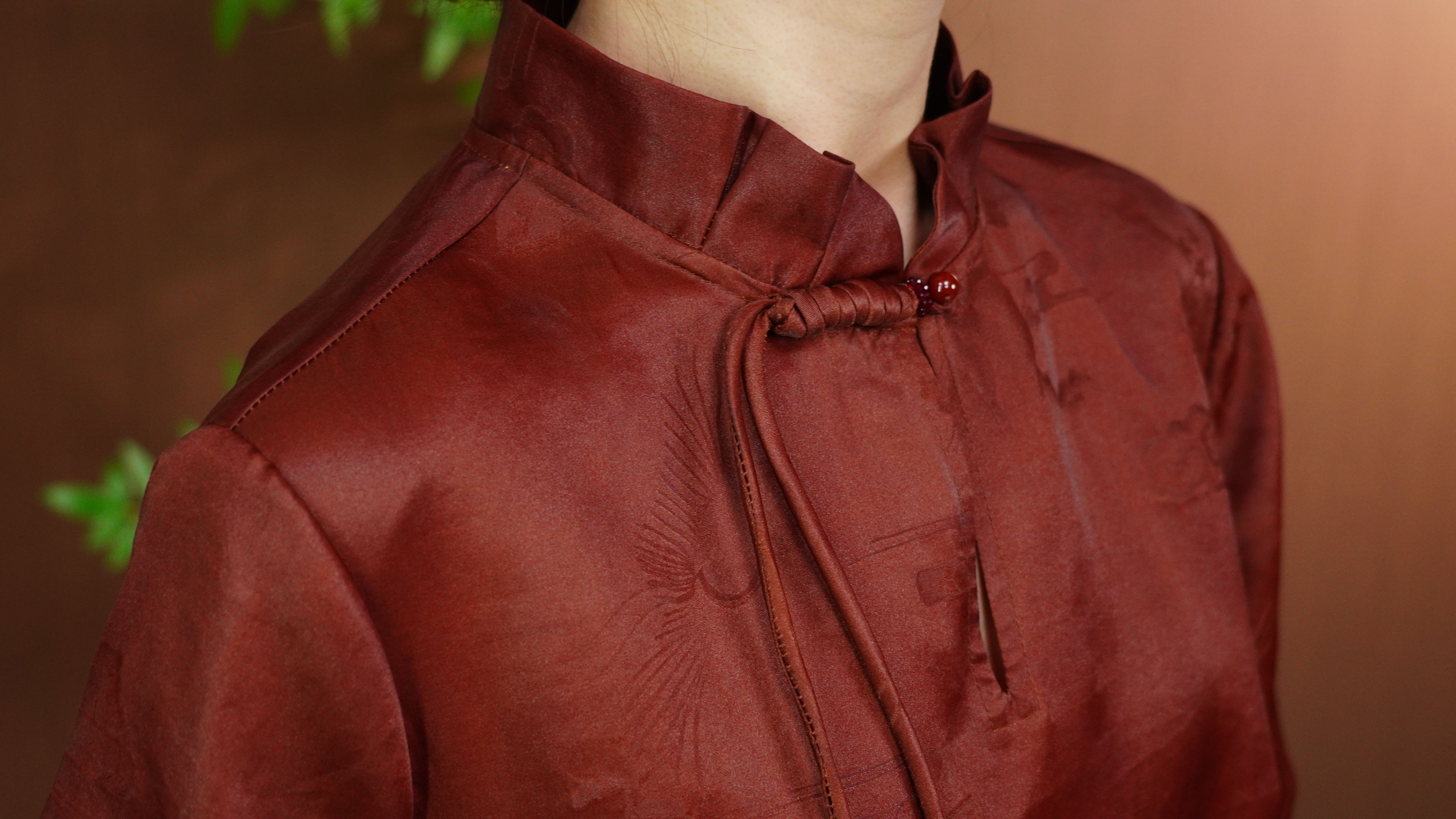 古月茗里【丹凤衔霞】新中式香云纱中长款旗袍立领短袖套装