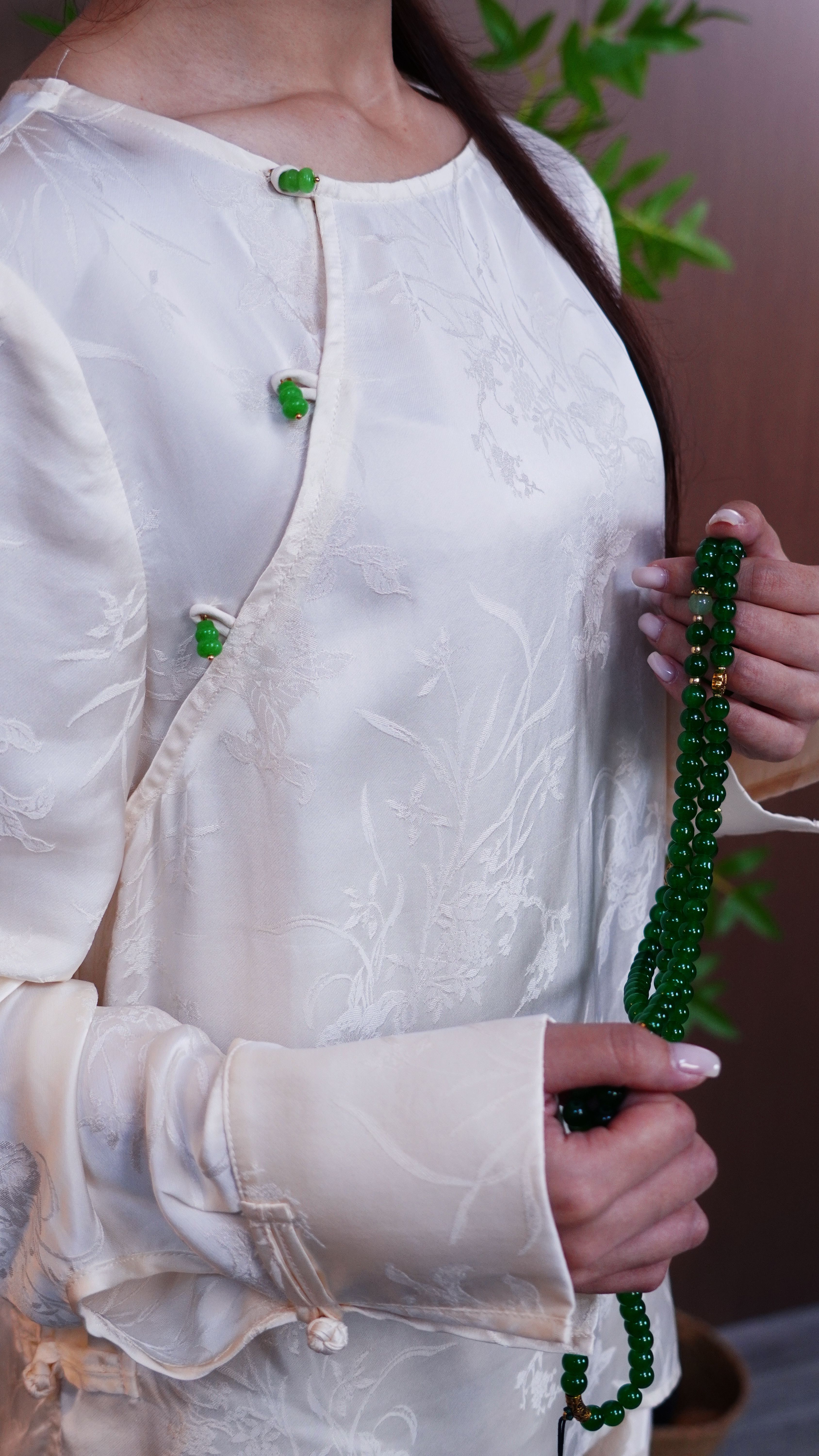 古月茗里【福禄绵绵】新中式高雅福禄扣提花圆领白色上衣