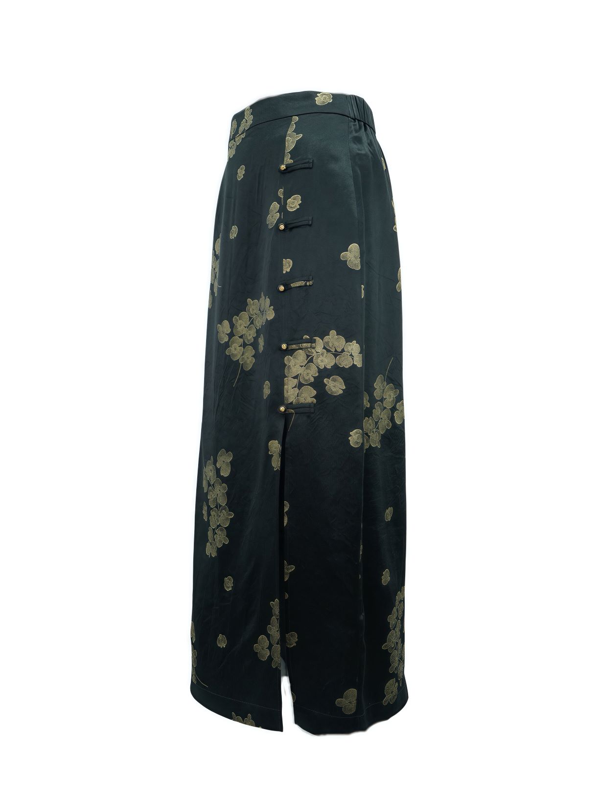 古月茗里【墨染金绡】新中式纹理感金色印花盘扣侧开叉黑色半裙