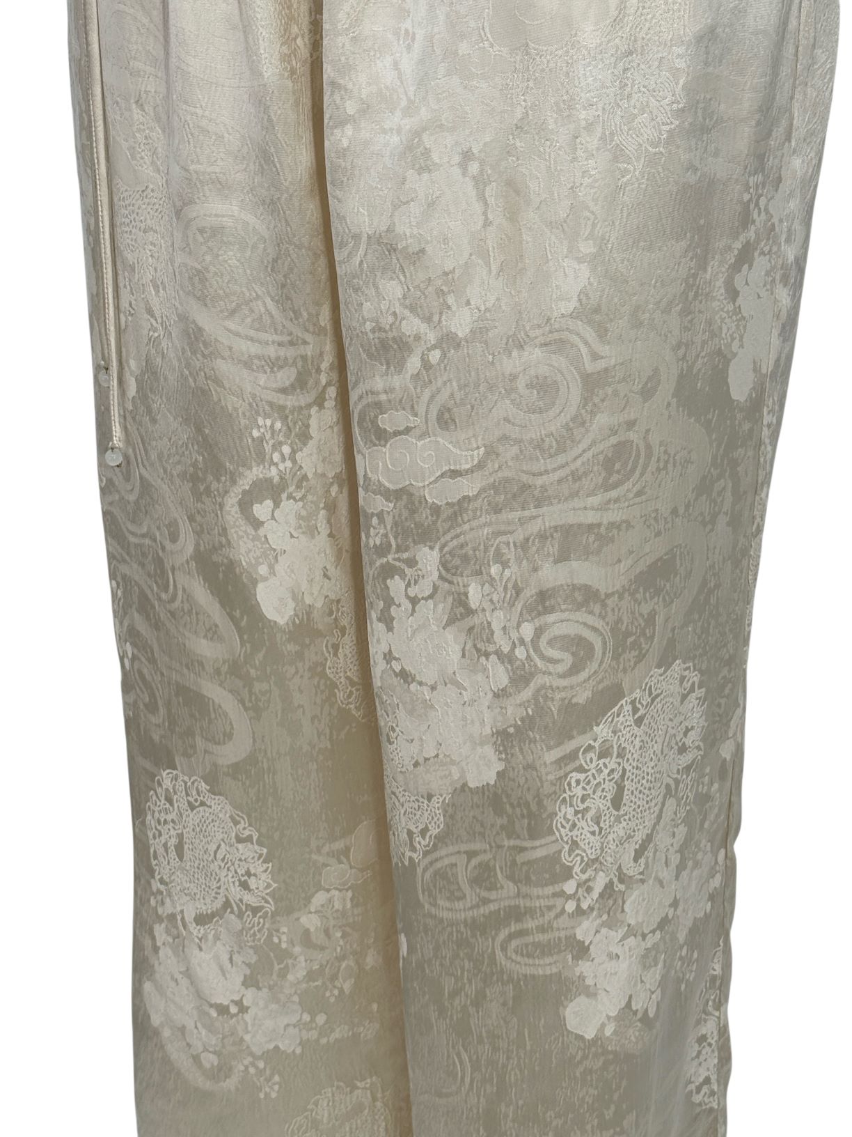 古月茗里【温文尔雅】新中式珠光杏色暗纹提花流苏弹力松紧腰直筒裤