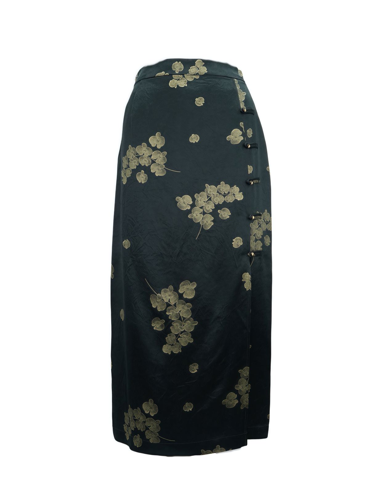 古月茗里【墨染金绡】新中式纹理感金色印花盘扣侧开叉黑色半裙