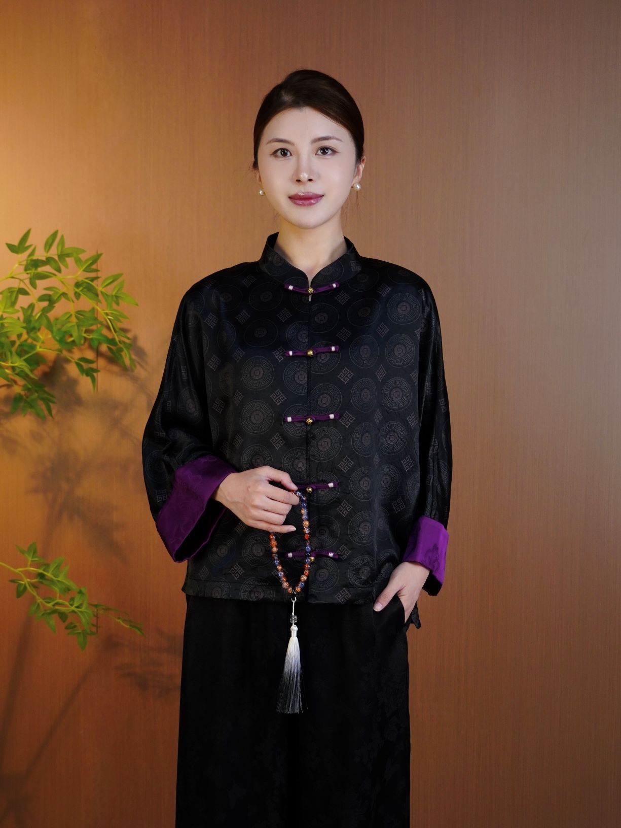 古月茗里【招财进宝】新中式醋酸香云纱铜钱印花紫色拼袖立领九分袖上衣外套