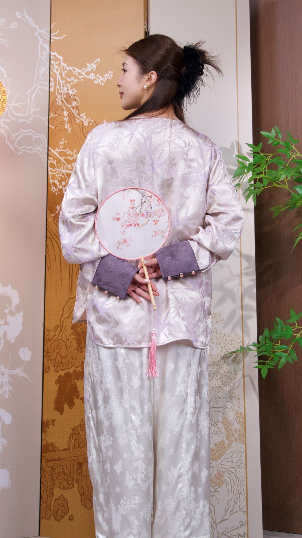 古月茗里【紫竹映月】新中式竹林暗纹提花盘扣圆领紫色春夏款上衣