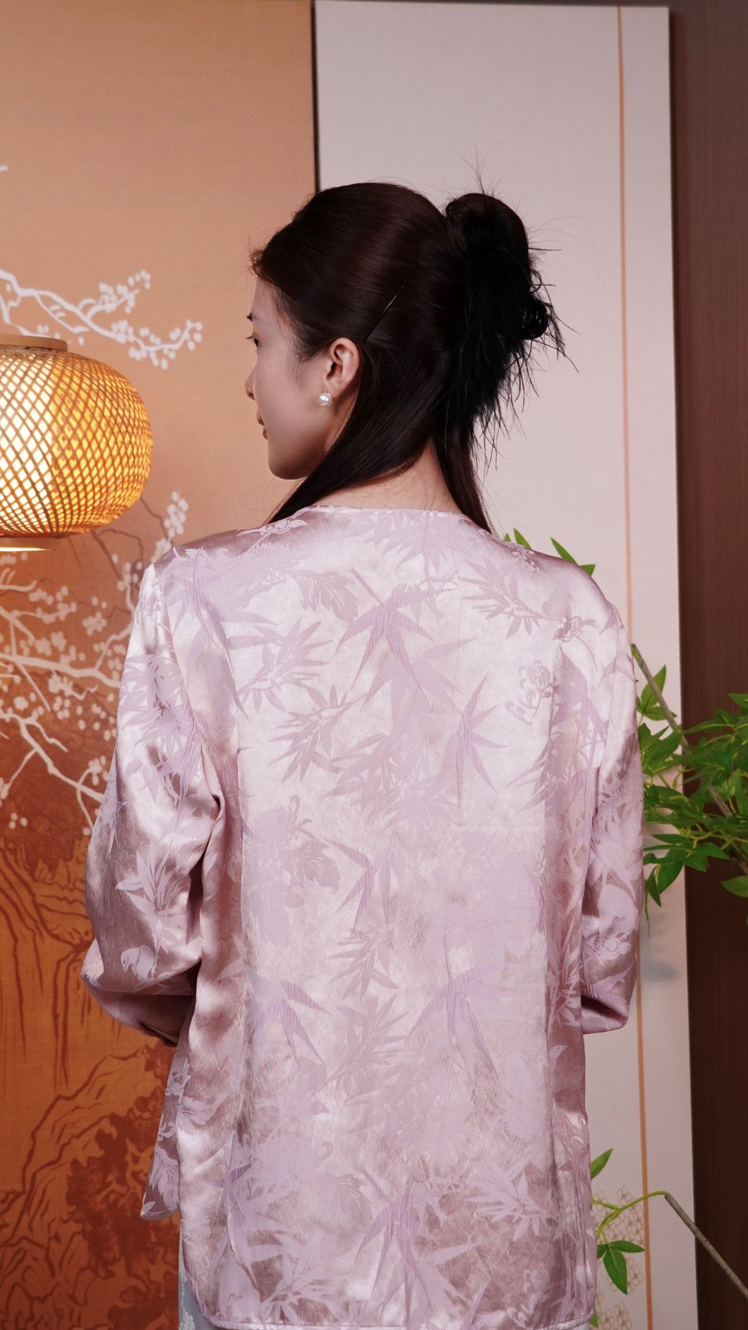 古月茗里【桃蹊粉陌】新中式竹林暗纹提花紫色拼袖盘扣圆领粉色春夏款上衣