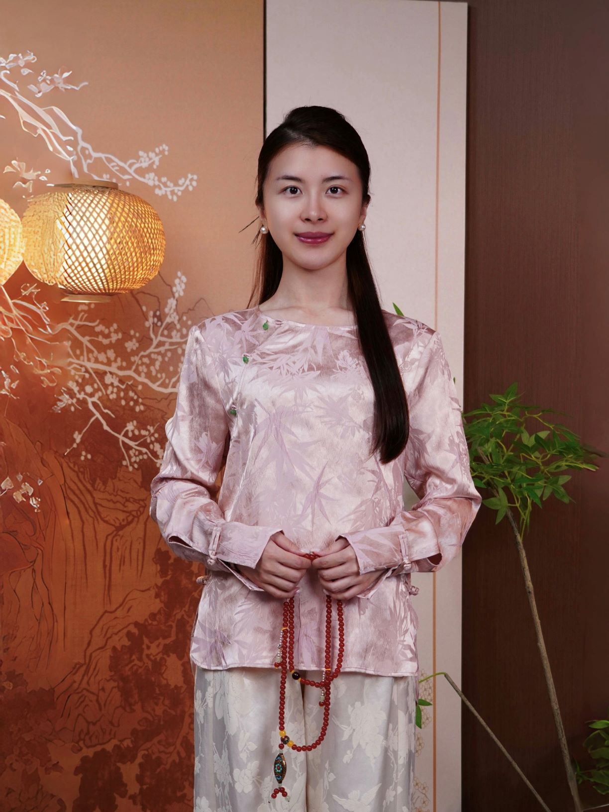 古月茗里【福禄绵绵】新中式高雅福禄扣竹林提花圆领粉色上衣