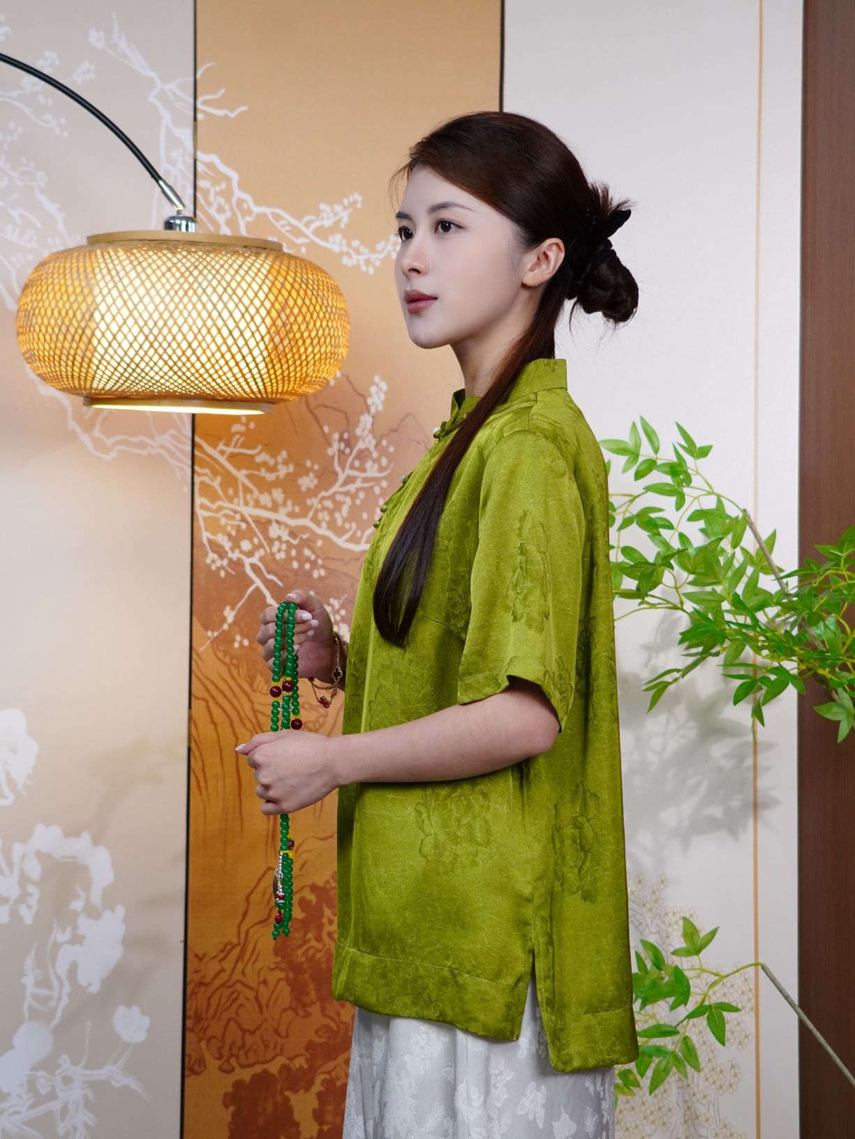 古月茗里【滴水翡翠】新中式翠绿色暗纹提花立领盘扣斜襟短袖上衣