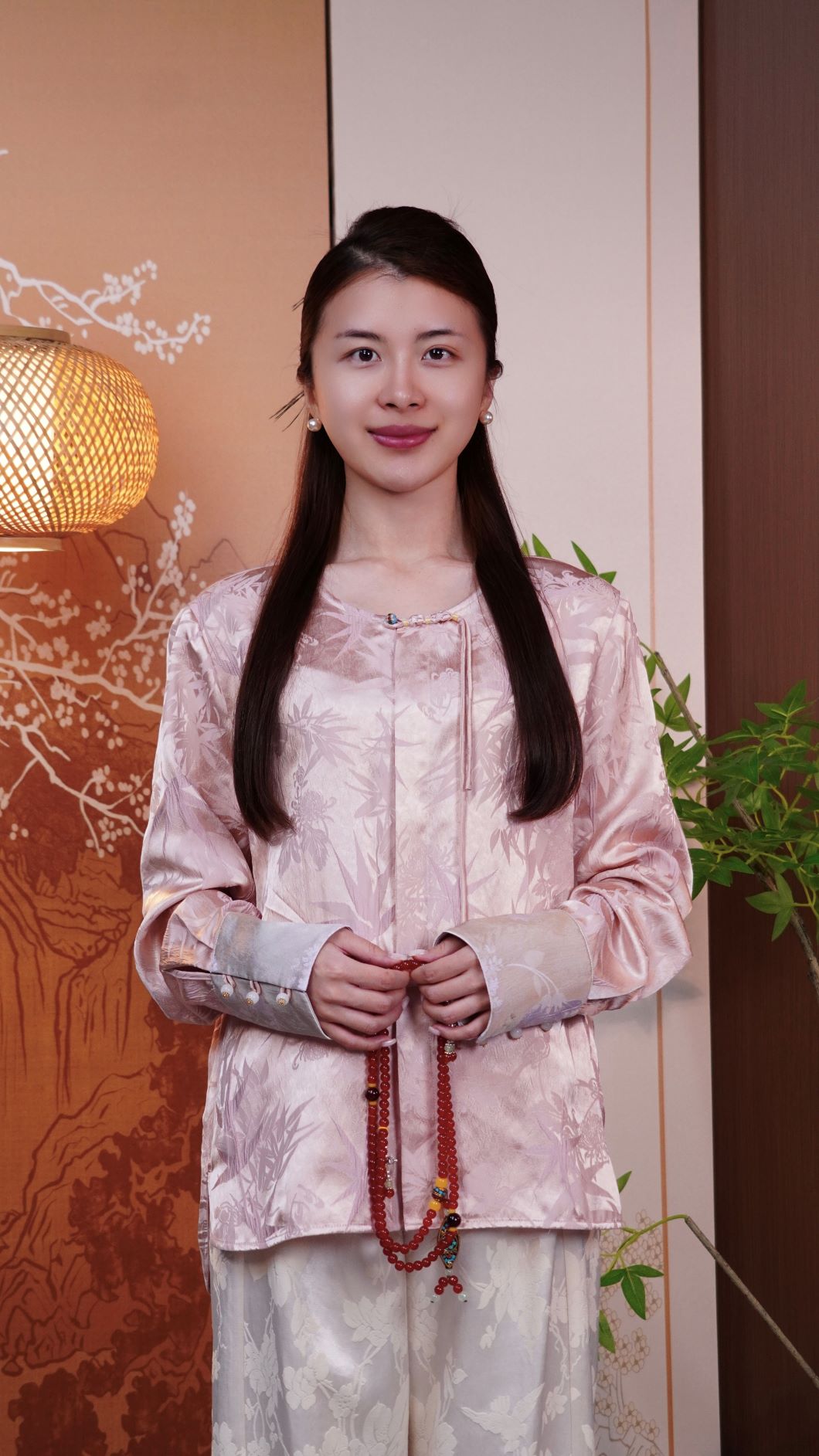 古月茗里【桃蹊粉陌】新中式竹林暗纹提花紫色拼袖盘扣圆领粉色春夏款上衣