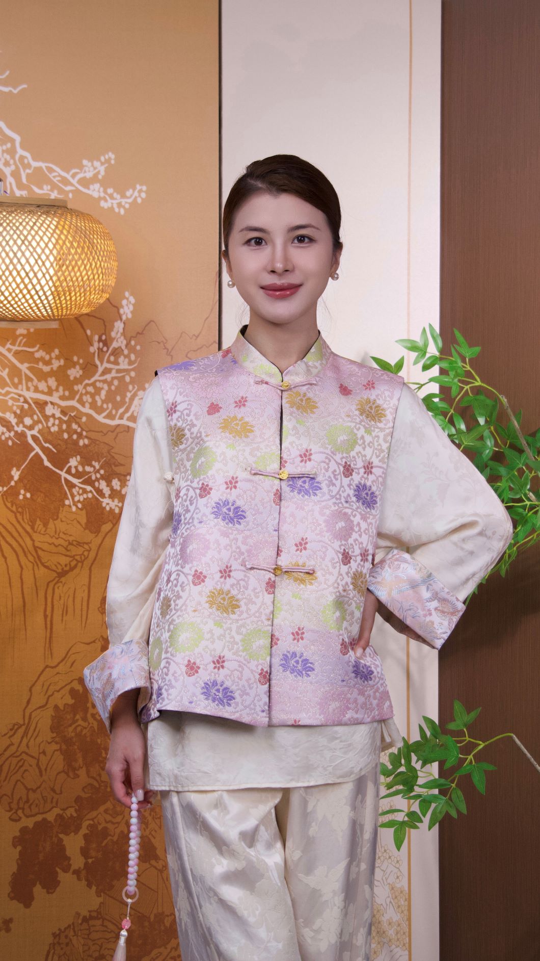 古月茗里【粉锻裁云】新中式宋锦花型图案金色盘扣立领粉色马甲