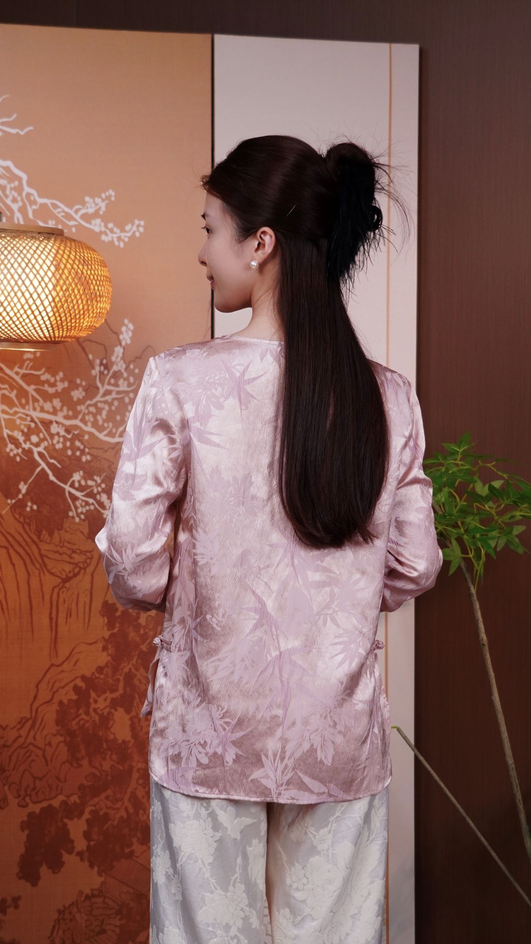 古月茗里【福禄绵绵】新中式高雅福禄扣竹林提花圆领粉色上衣