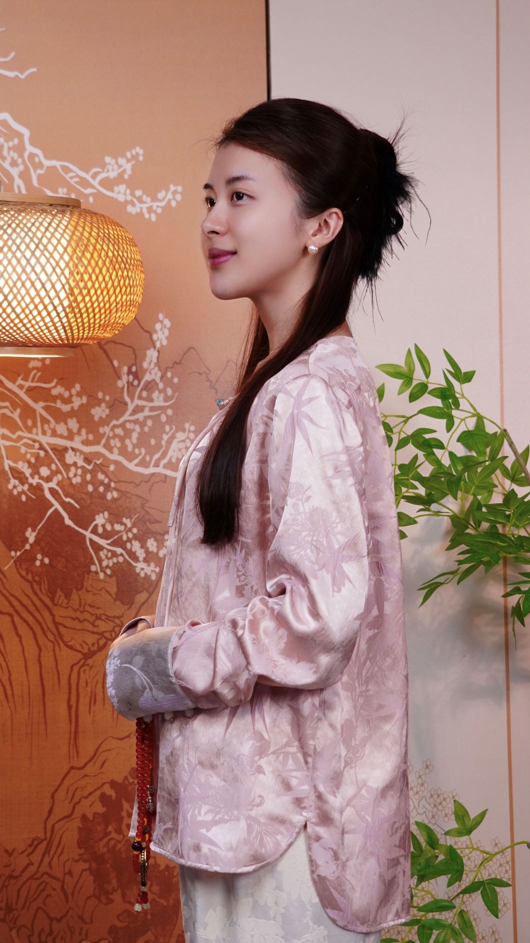 古月茗里【桃蹊粉陌】新中式竹林暗纹提花紫色拼袖盘扣圆领粉色春夏款上衣