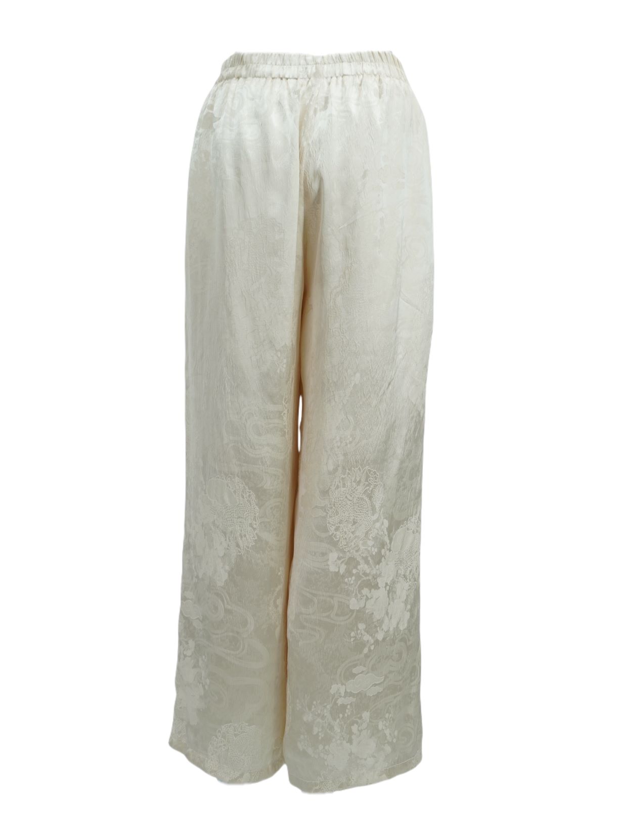 古月茗里【温文尔雅】新中式珠光杏色暗纹提花流苏弹力松紧腰直筒裤