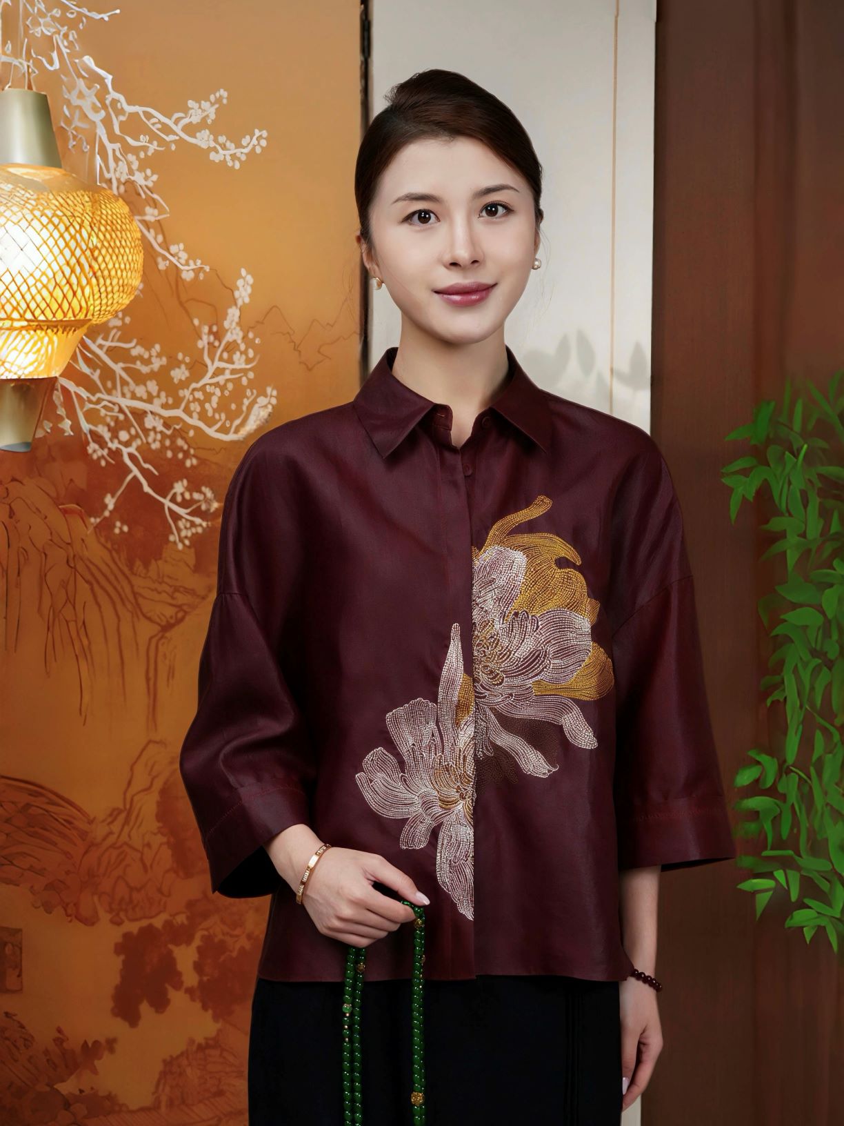 古月茗里【赤云裁纱】新中式香云纱小翻领七分袖绣花上衣