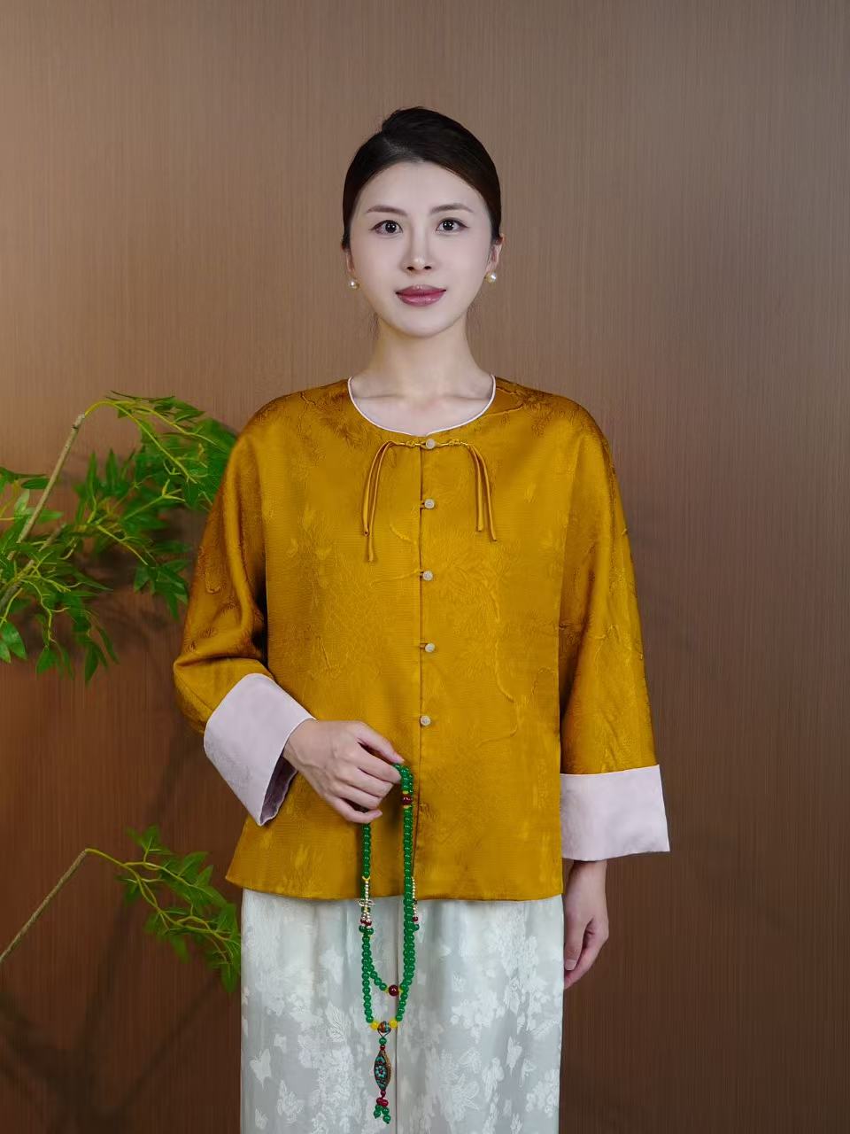 古月茗里【金纹承衣】新中式超显白黄色花罗双面可穿圆领流苏盘扣九分袖外套