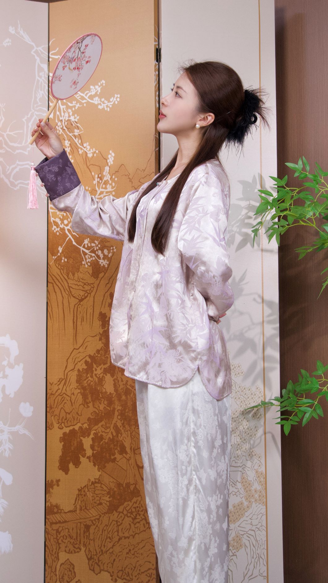 古月茗里【紫竹映月】新中式竹林暗纹提花盘扣圆领紫色春夏款上衣