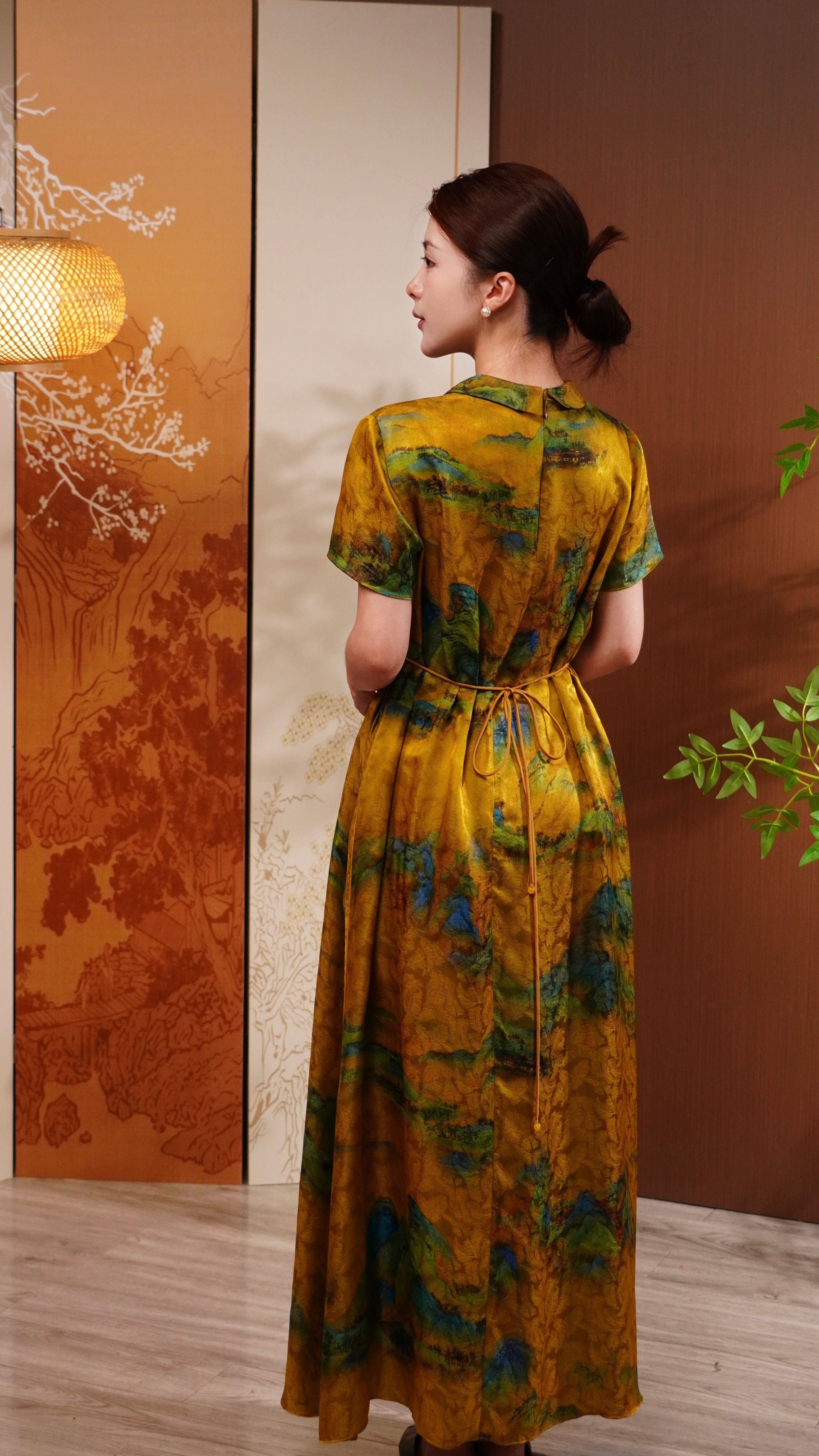 古月茗里【金銮叠翠】新中式国风山水画系带显瘦连衣裙复古长裙