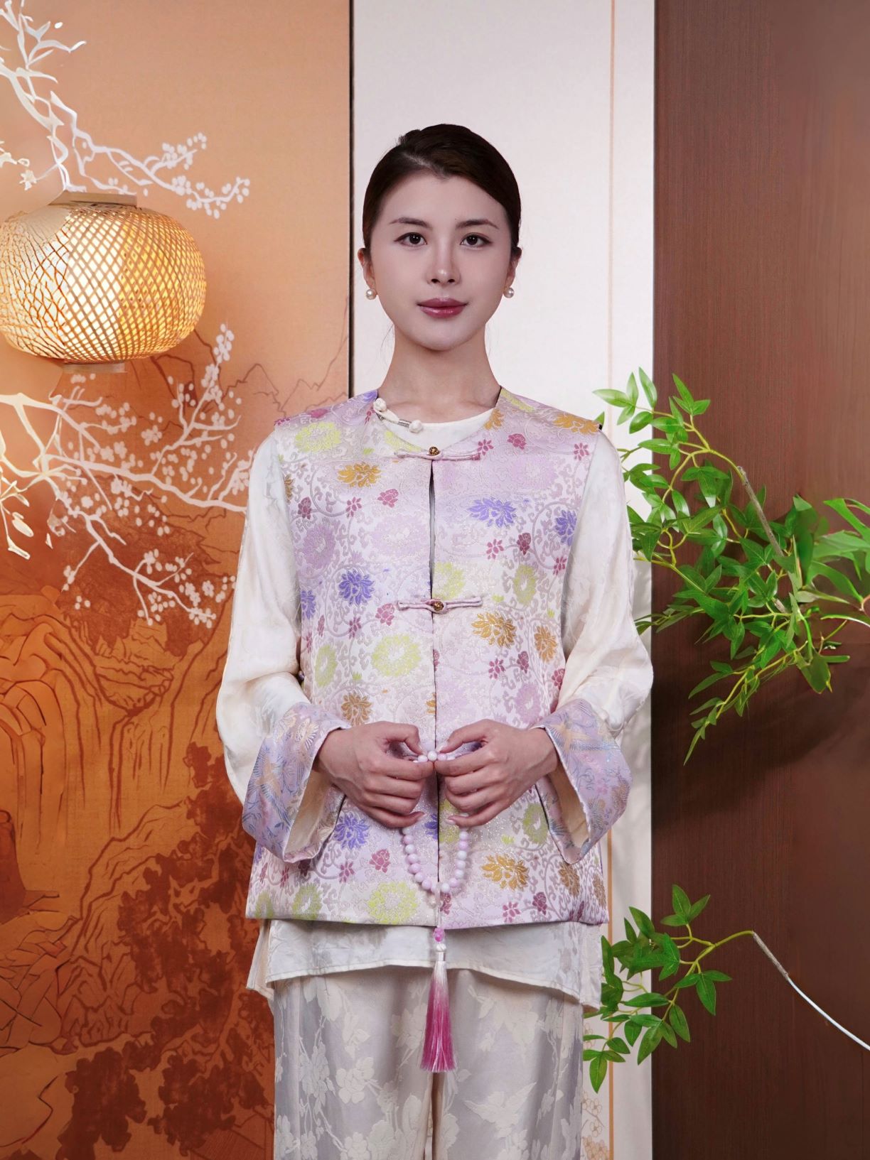 古月茗里【粉锻裁云】新中式宋锦花型图案金色盘扣圆领粉色马甲