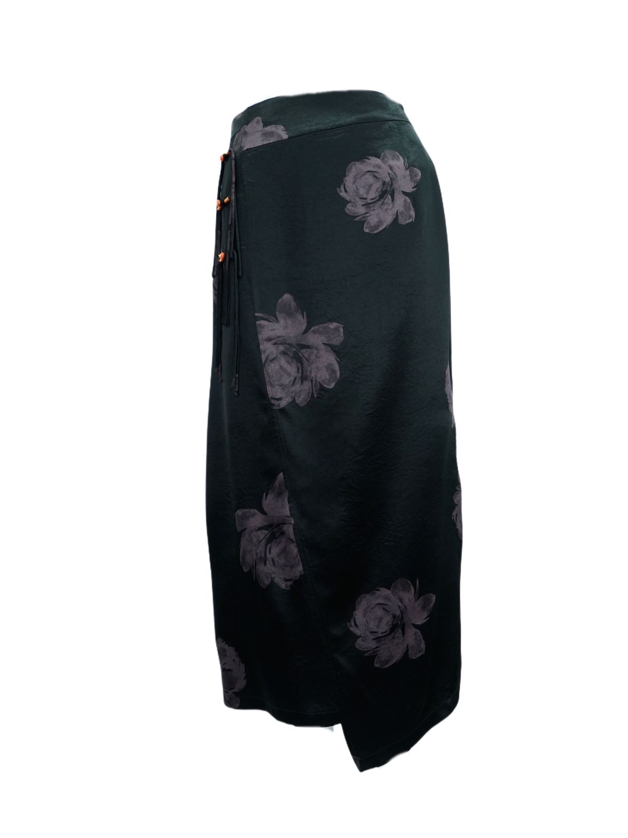 古月茗里【玄纱缦紫】新中式牡丹印花流苏下摆不规则开叉黑色半裙