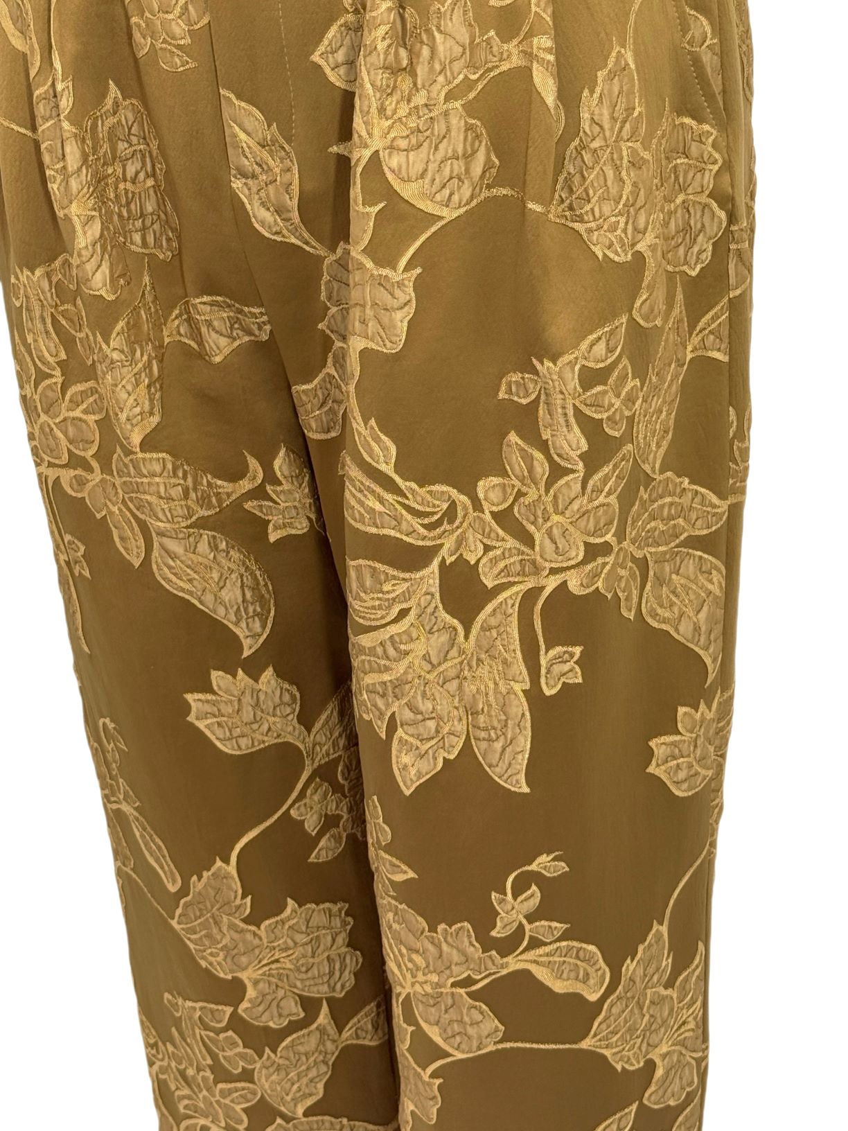 古月茗里【琥珀缠枝】新中式金咖色暗纹提花后腰弹力松紧夹棉萝卜裤