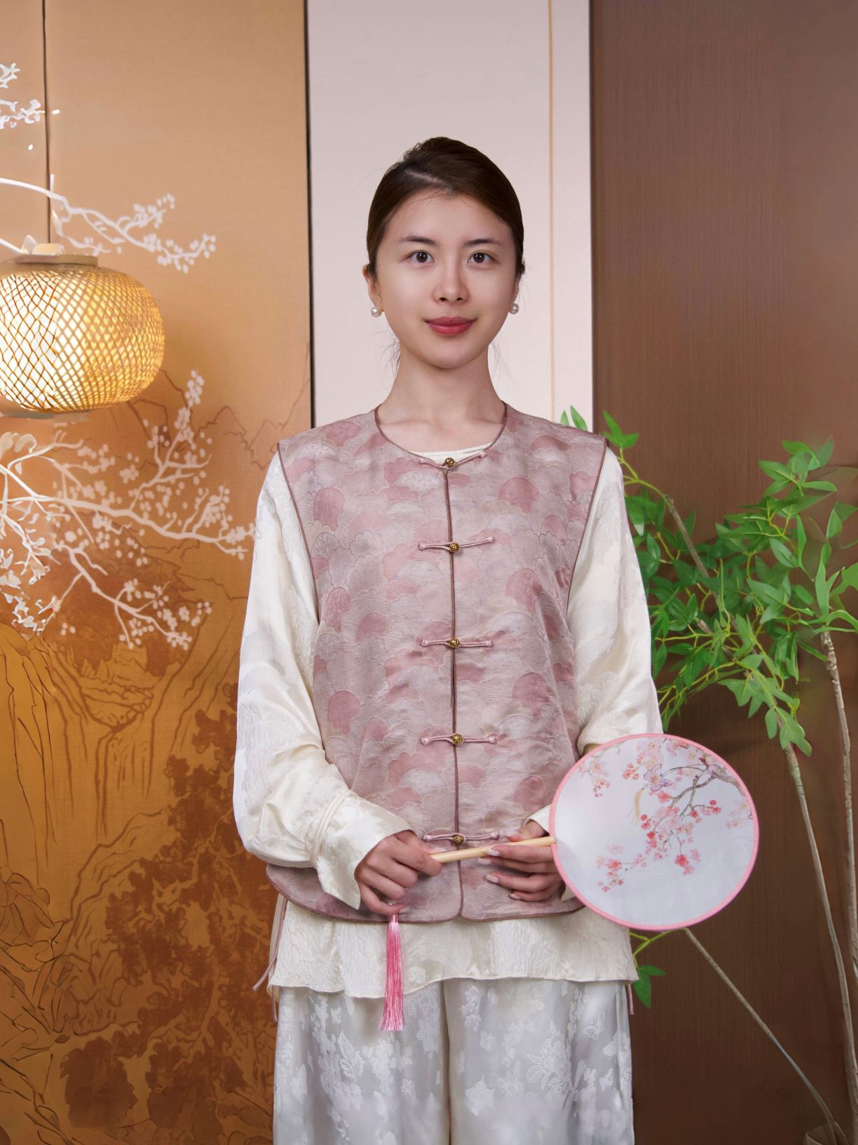 古月茗里【粉墨寻香】新中式香云纱日出图金色盘扣圆领马甲