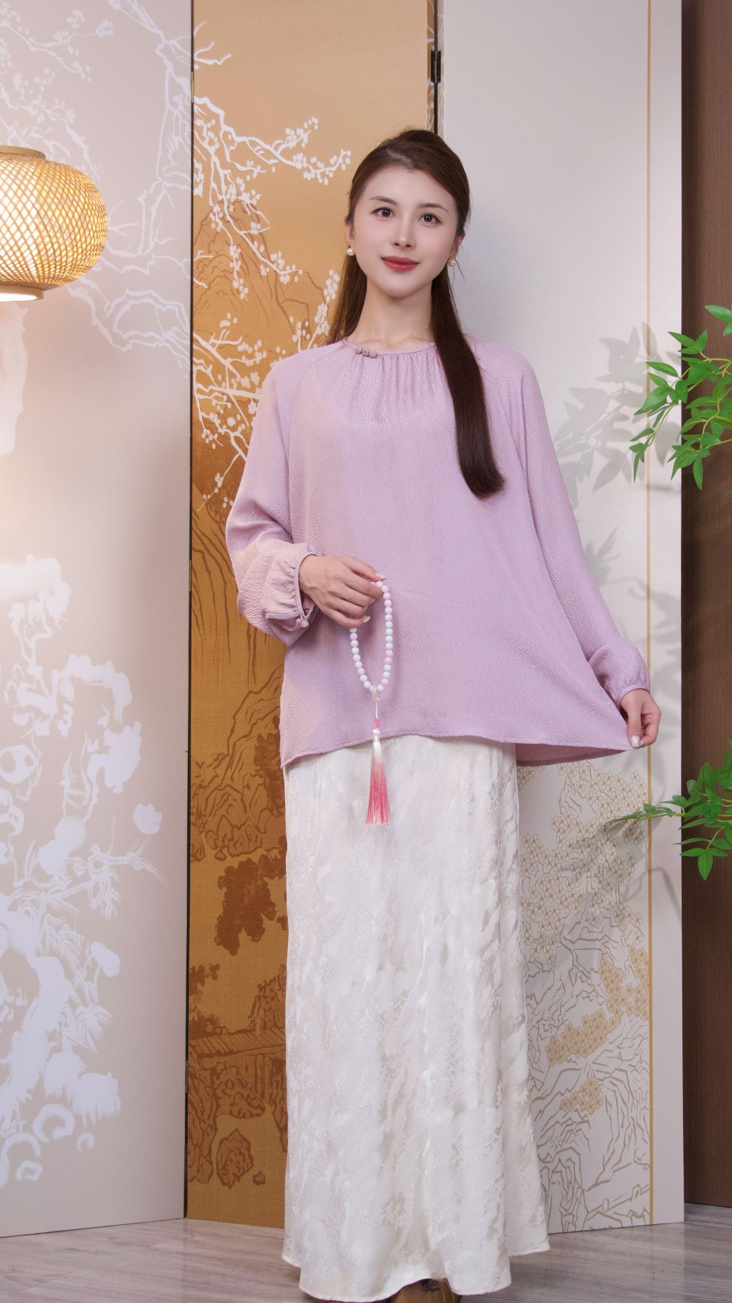 古月茗里【紫雾绡痕】新中式纹理感轻薄圆领紫色春夏款上衣