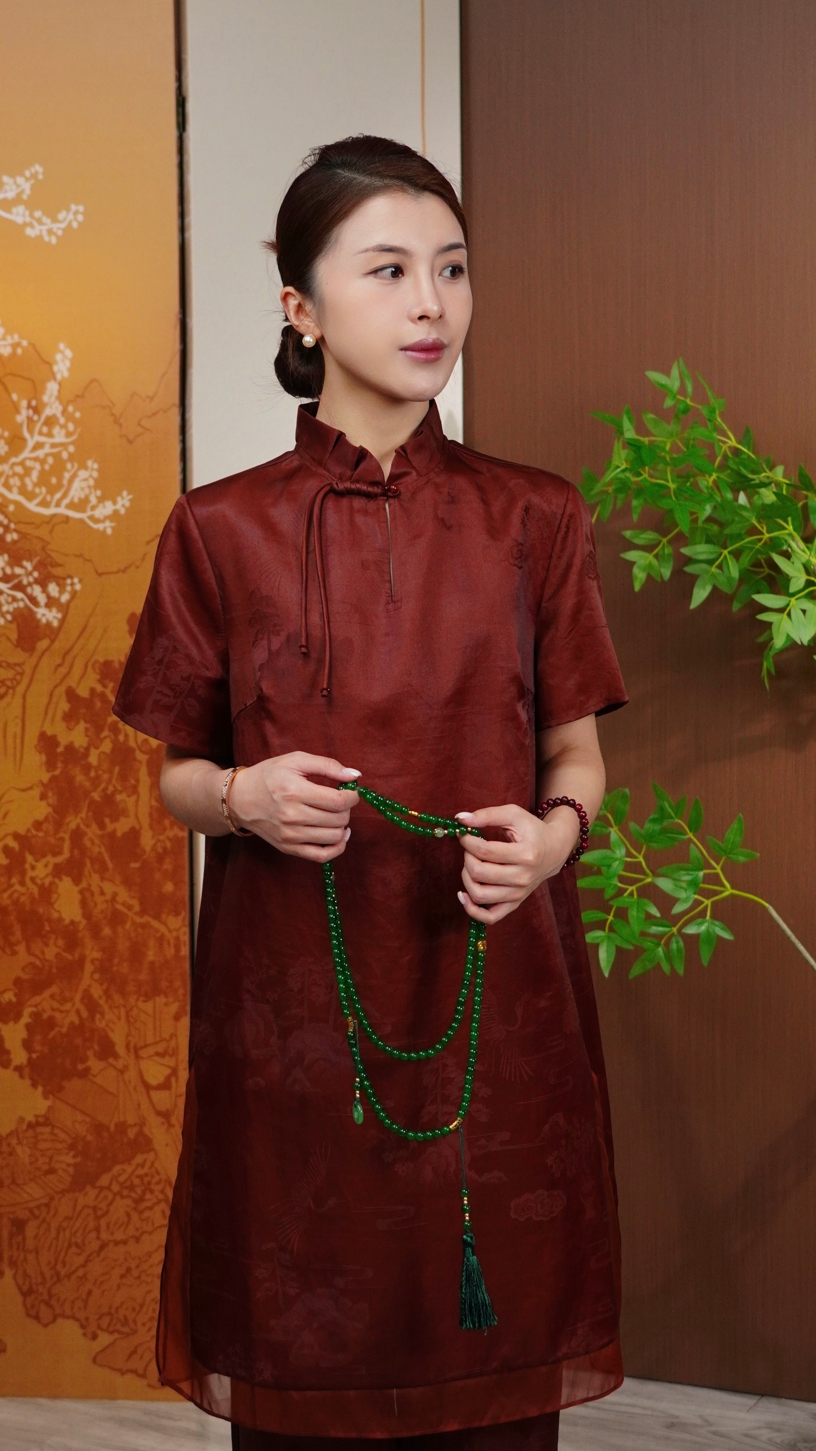 古月茗里【丹凤衔霞】新中式香云纱中长款旗袍立领短袖套装