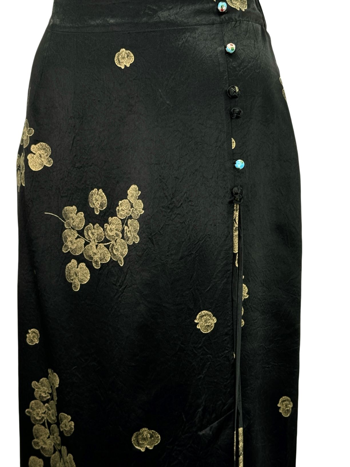 古月茗里【墨染金绡】新中式纹理感金色印花流苏侧开叉黑色半裙