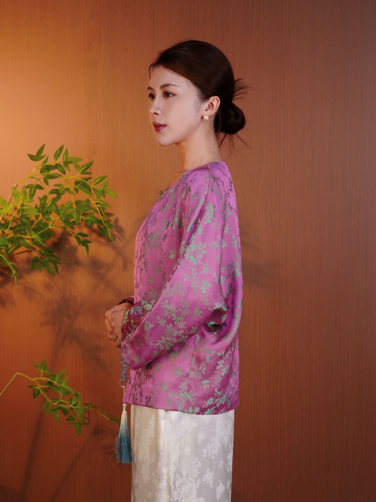 古月茗里【粉靥含芳】新中式丝质双面印花圆领长袖上衣外套