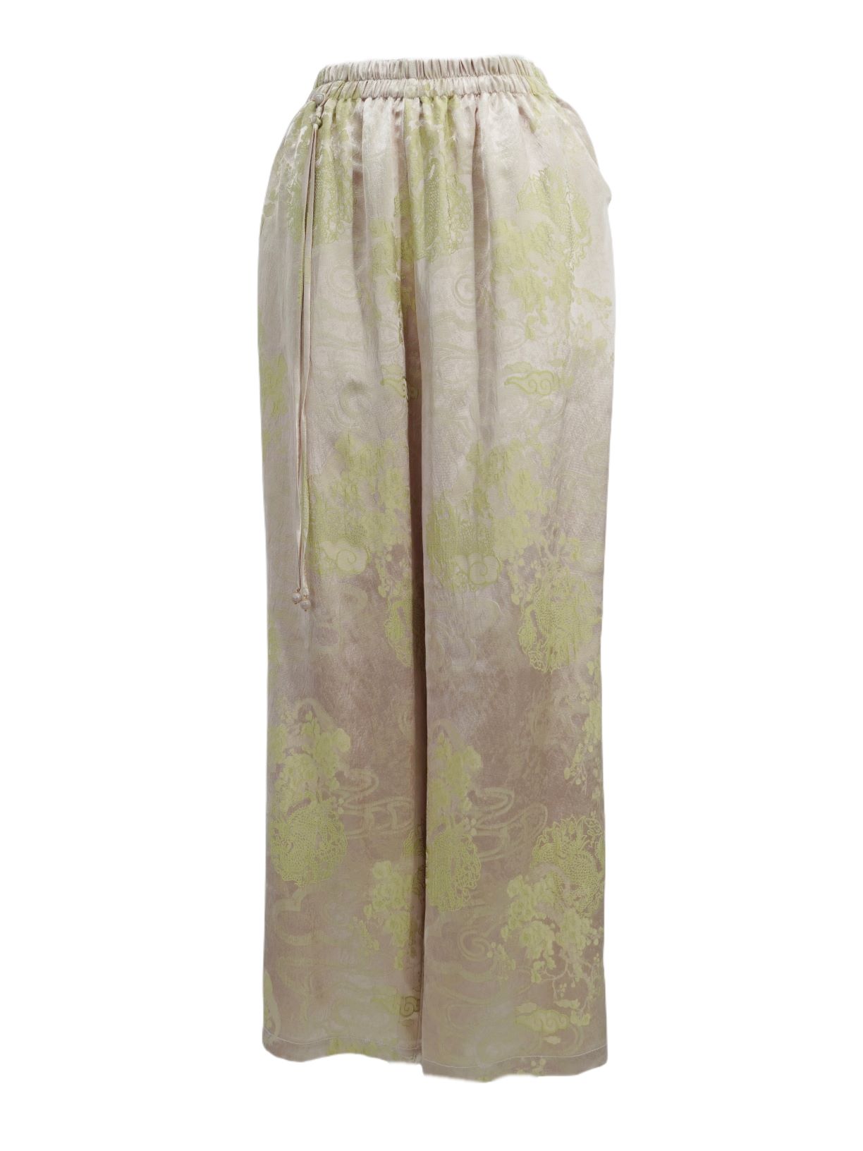 古月茗里【七彩祥云】新中式流光粉暗纹提花流苏弹力松紧腰直筒裤