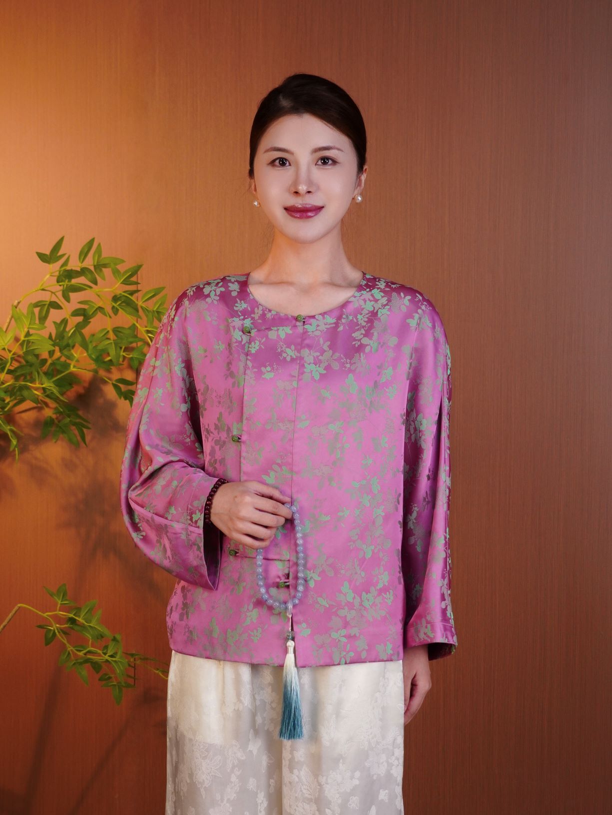 古月茗里【粉靥含芳】新中式丝质双面印花圆领长袖上衣外套