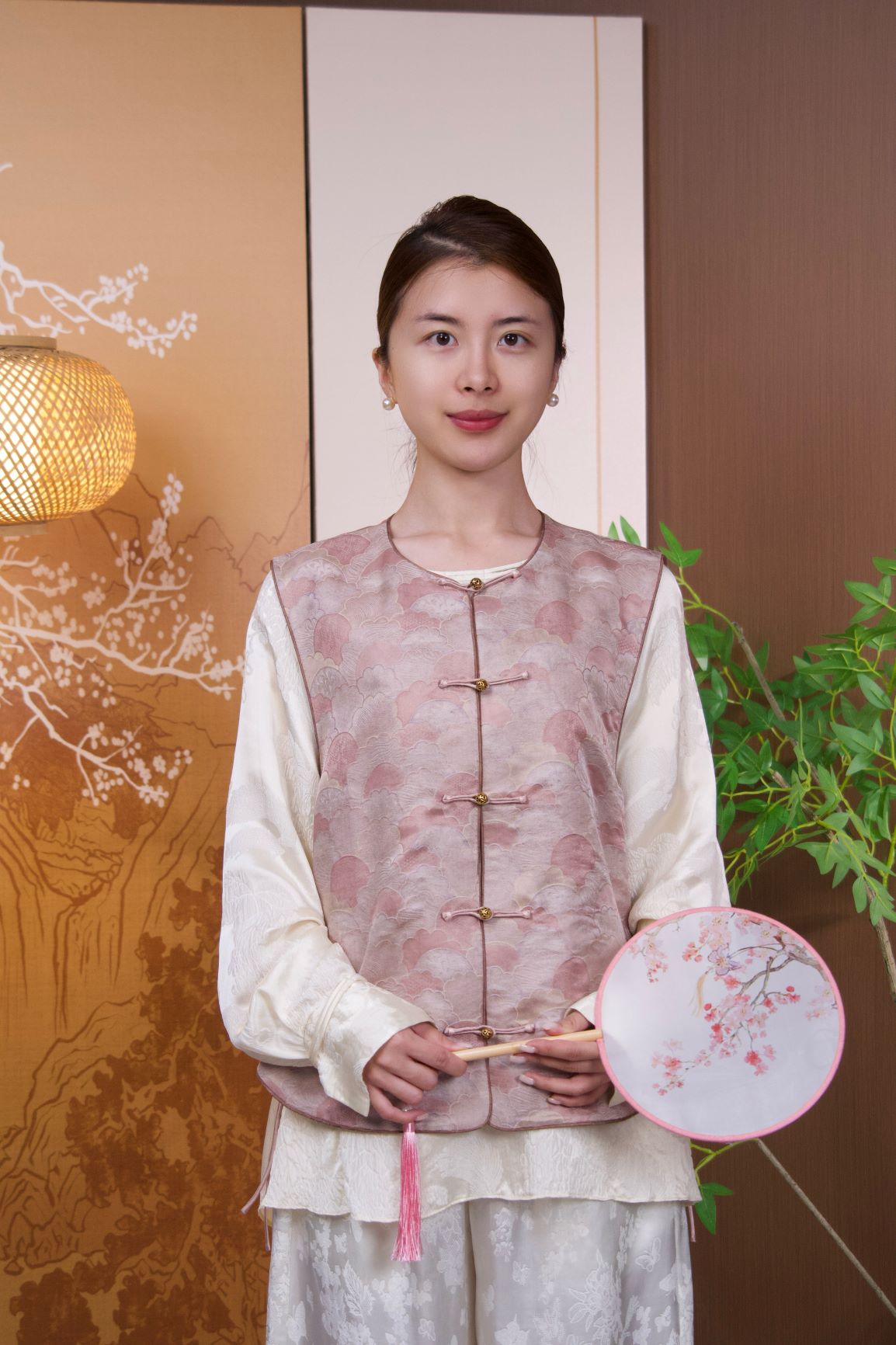 古月茗里【粉墨寻香】新中式香云纱日出图金色盘扣圆领马甲