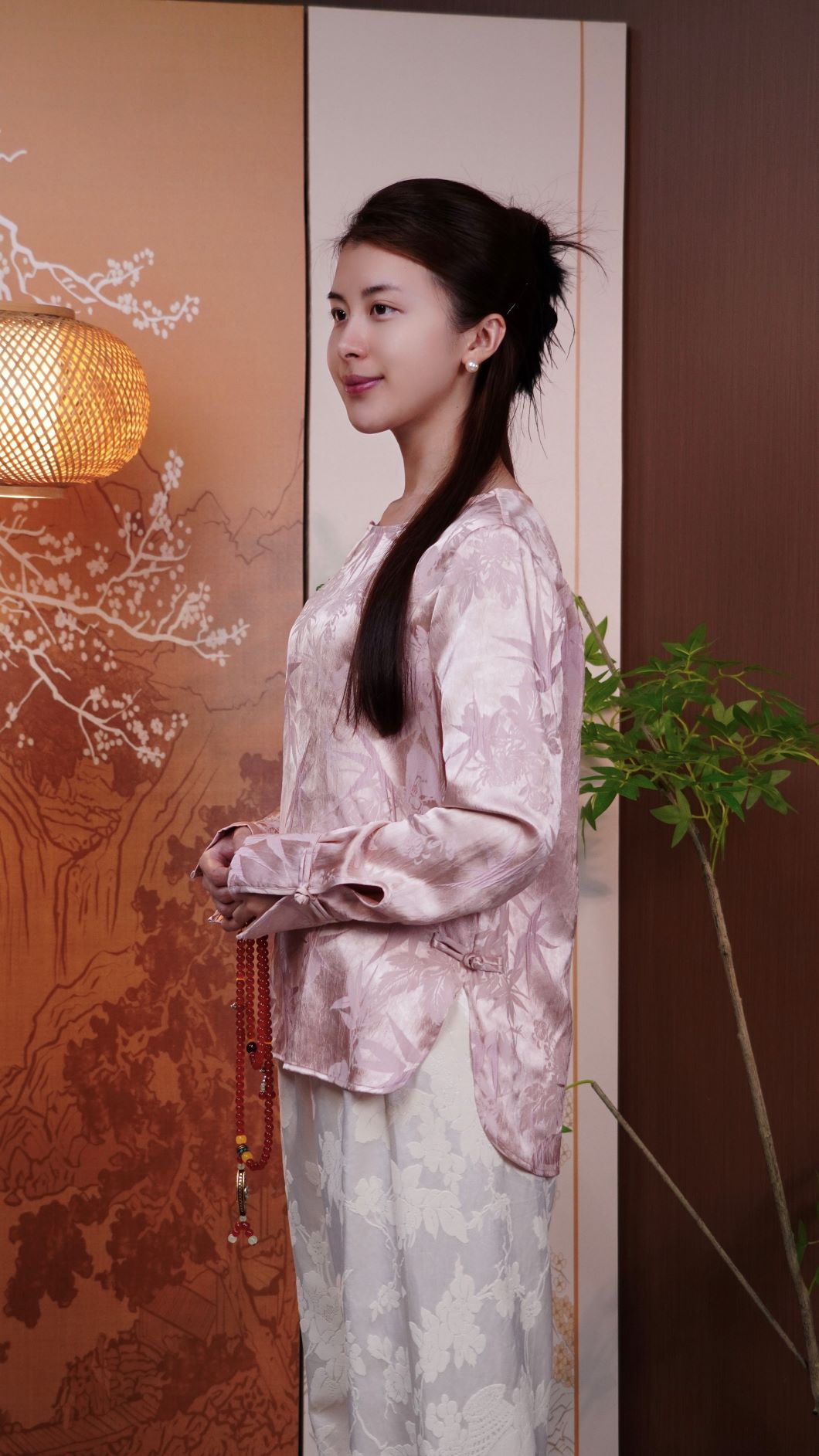 古月茗里【福禄绵绵】新中式高雅福禄扣竹林提花圆领粉色上衣