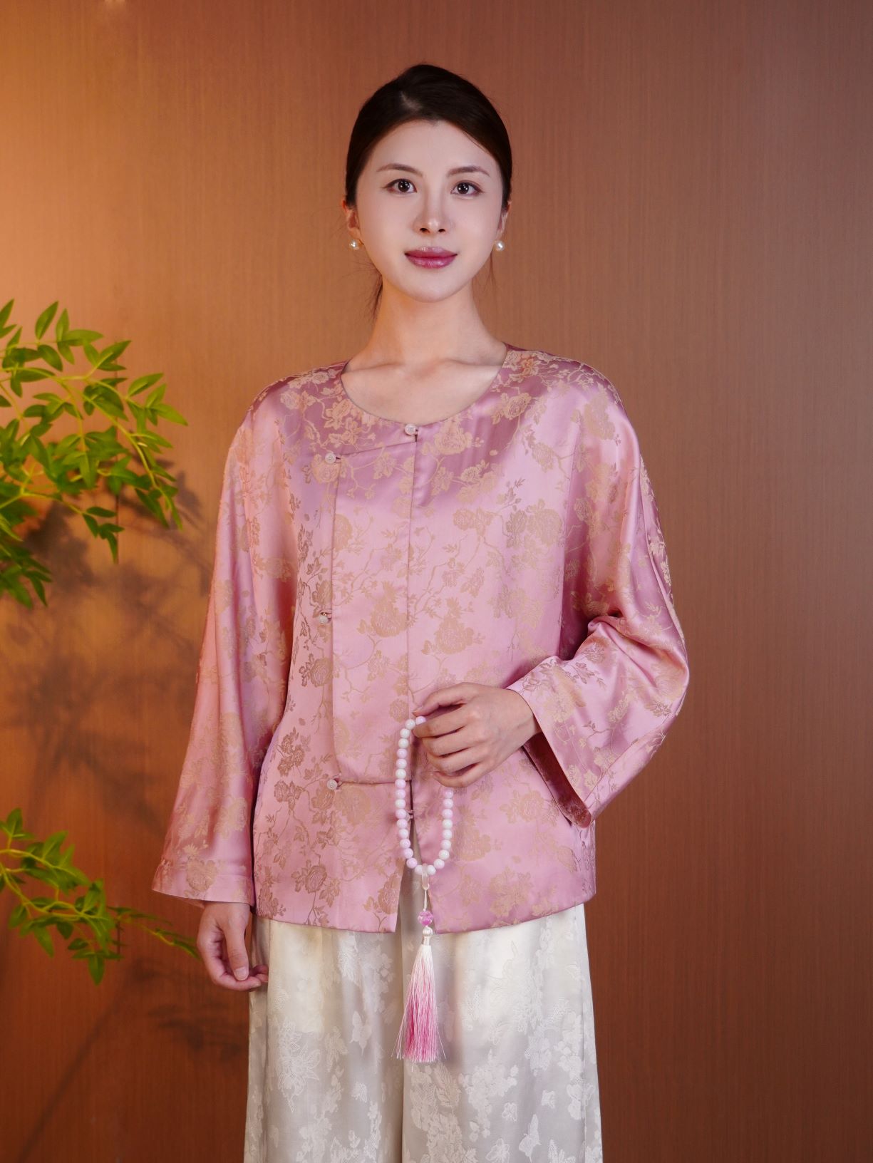 古月茗里【藕荷缀花】新中式丝质双面印花圆领长袖外套