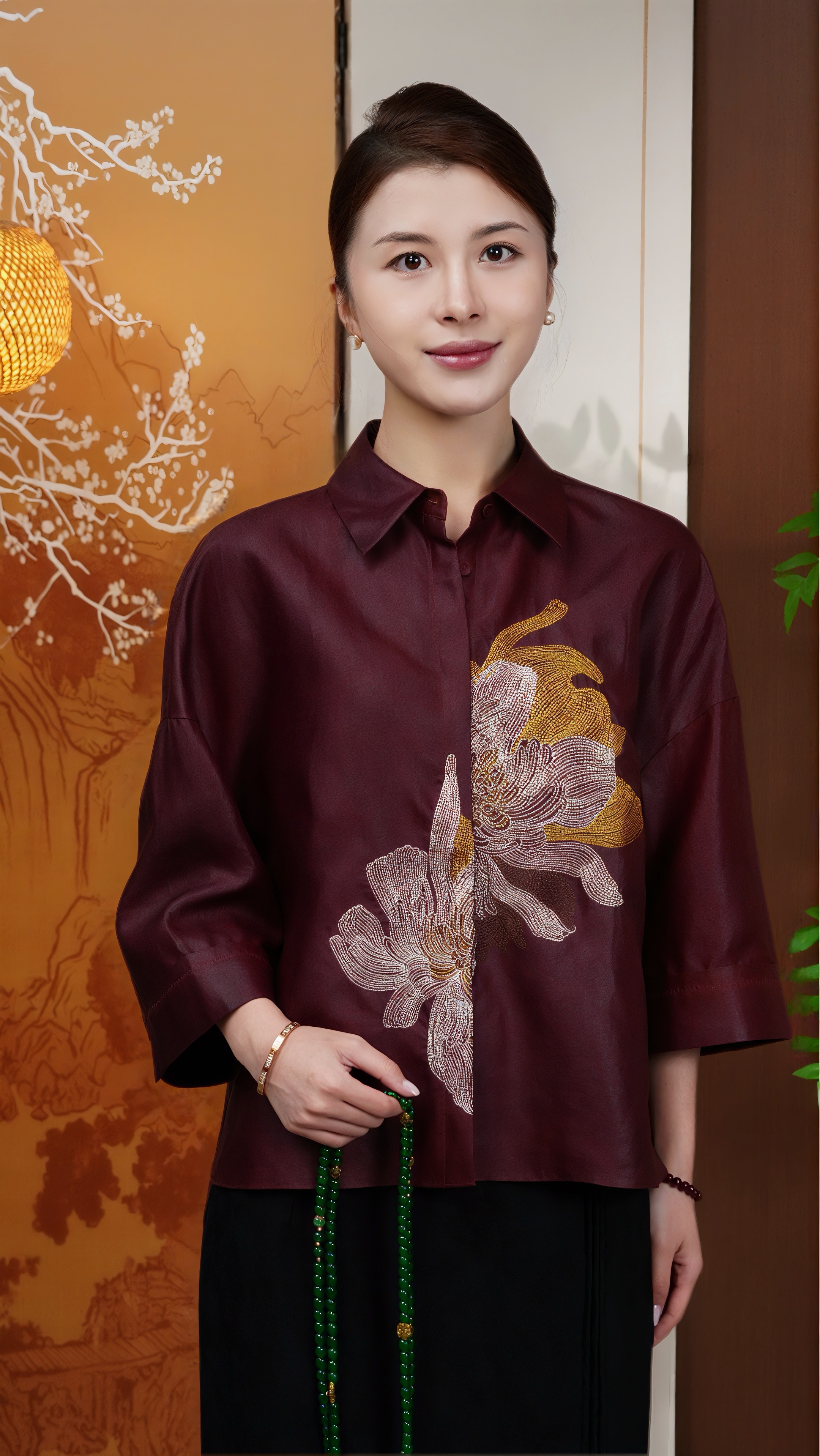 古月茗里【赤云裁纱】新中式香云纱小翻领七分袖绣花上衣