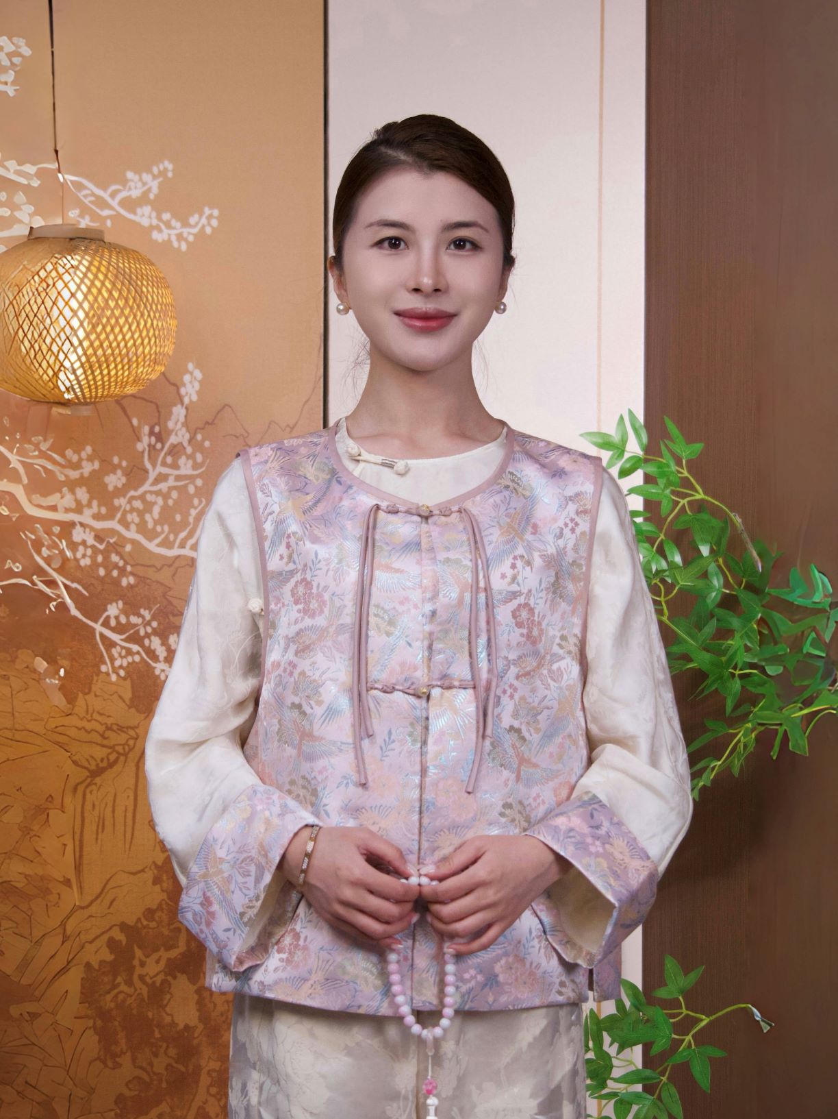 古月茗里【娇粉柔香】新中式宋锦花鸟图流苏盘扣圆领马甲