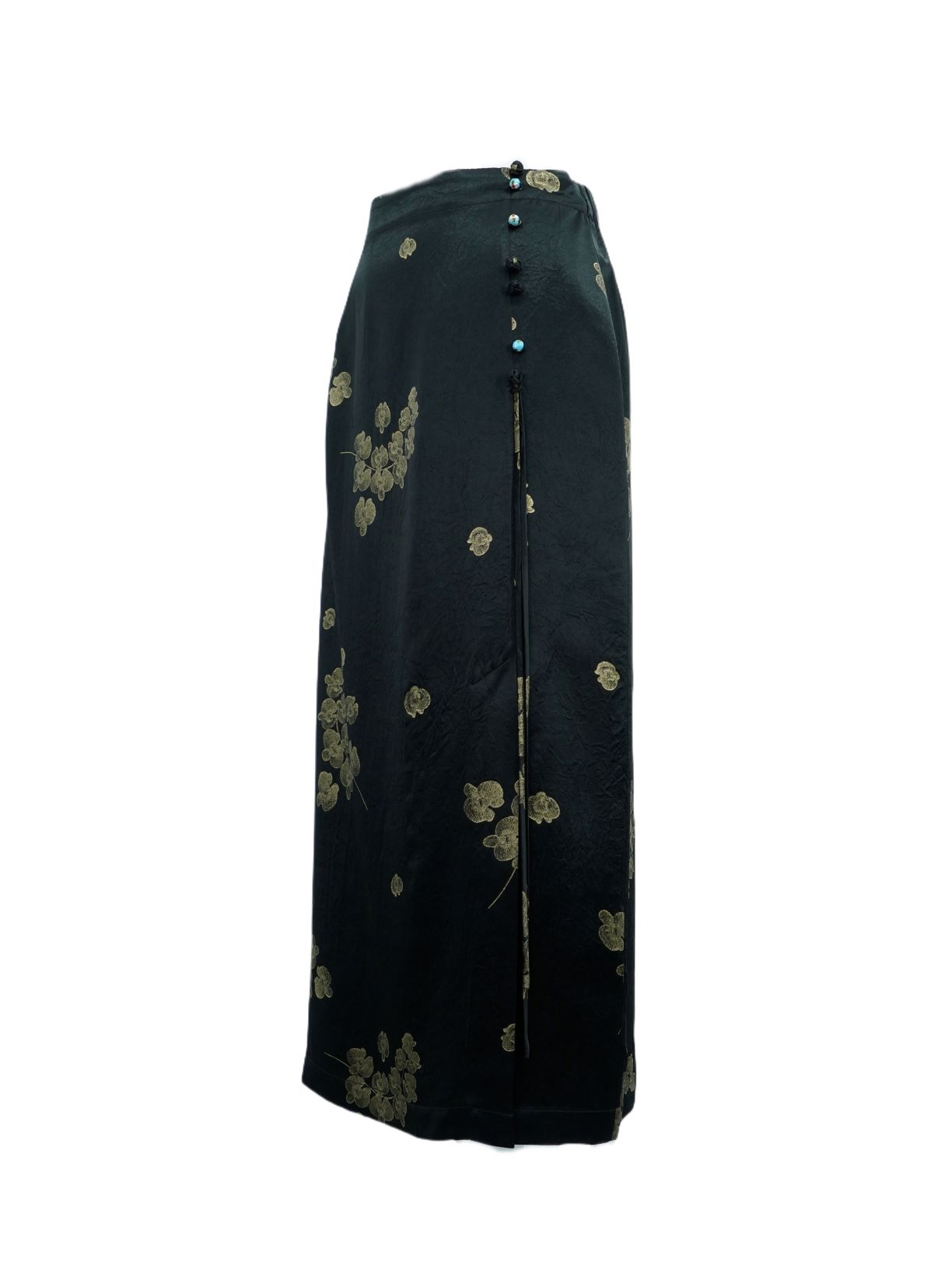 古月茗里【墨染金绡】新中式纹理感金色印花流苏侧开叉黑色半裙