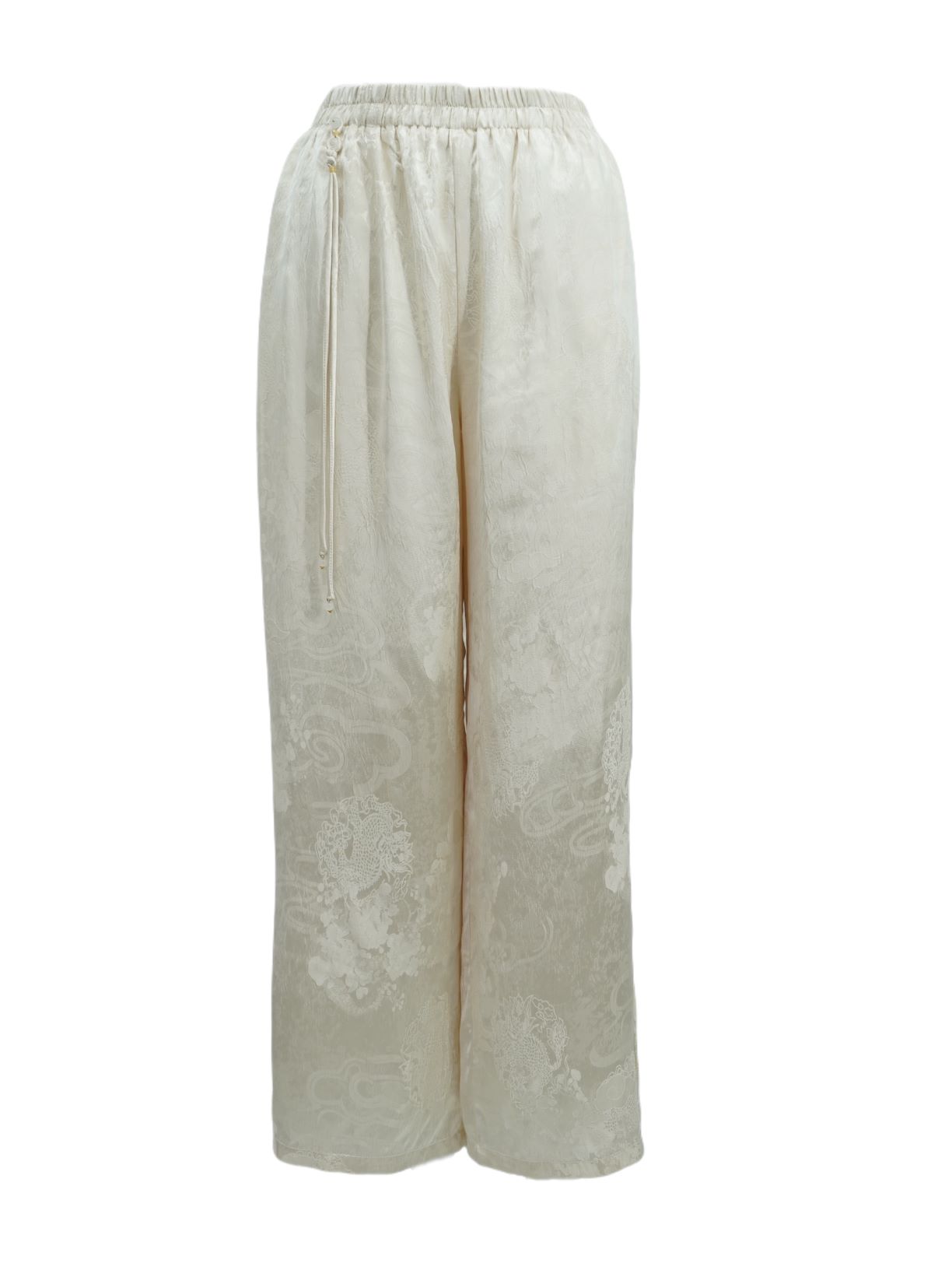 古月茗里【温文尔雅】新中式珠光杏色暗纹提花流苏弹力松紧腰直筒裤