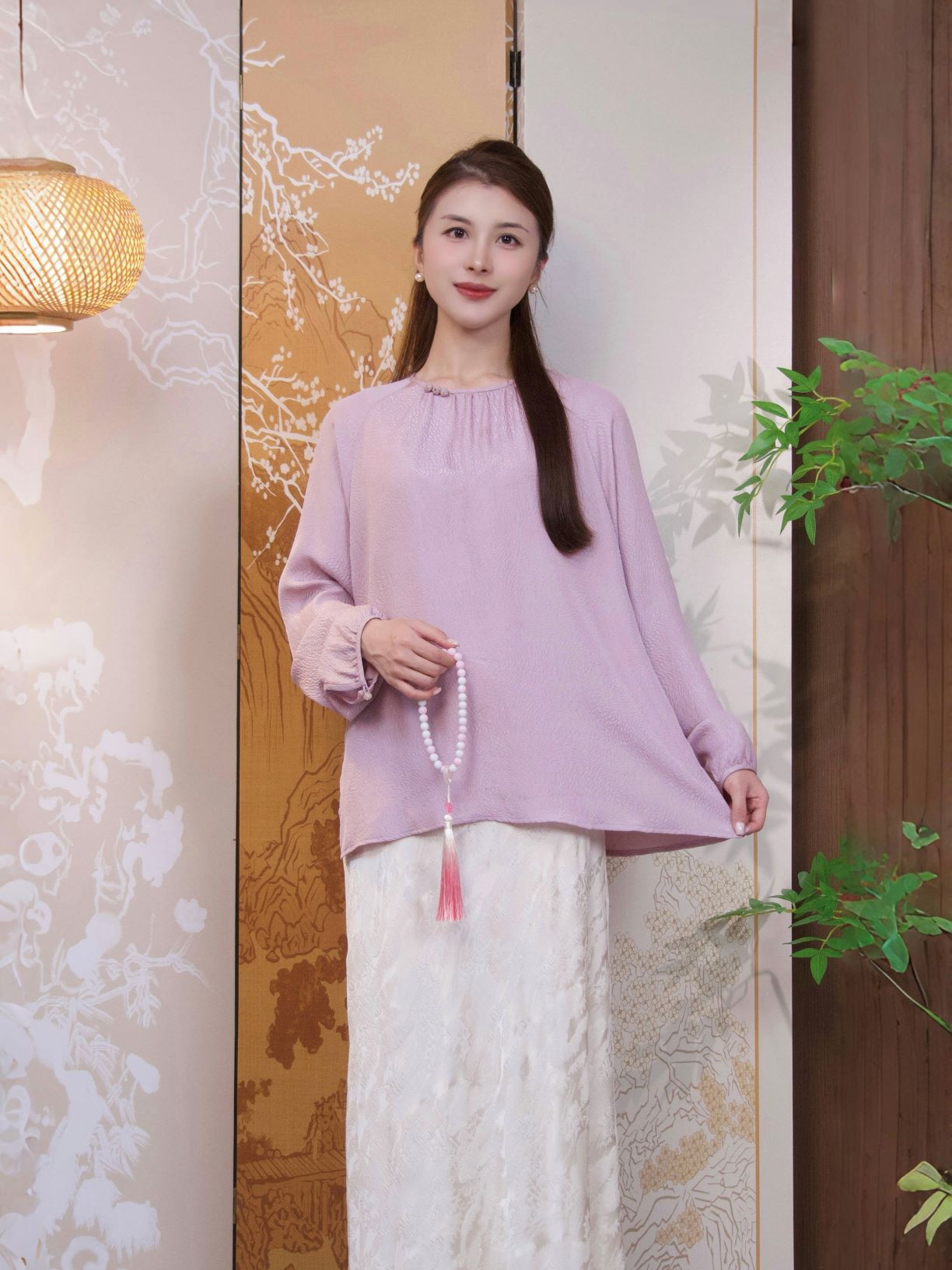 古月茗里【紫雾绡痕】新中式纹理感轻薄圆领紫色春夏款上衣