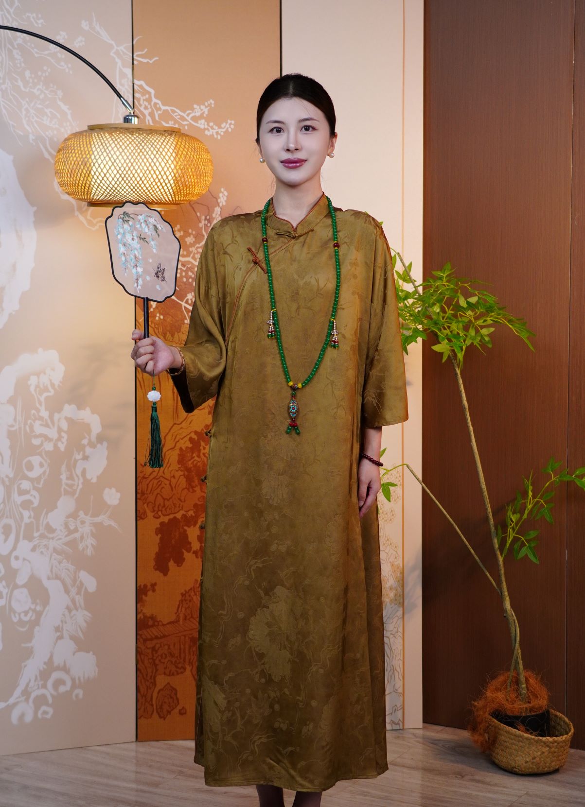 古月茗里【云锦金章】新中式香云纱暗纹提花斜襟盘扣可敞开两穿长袍