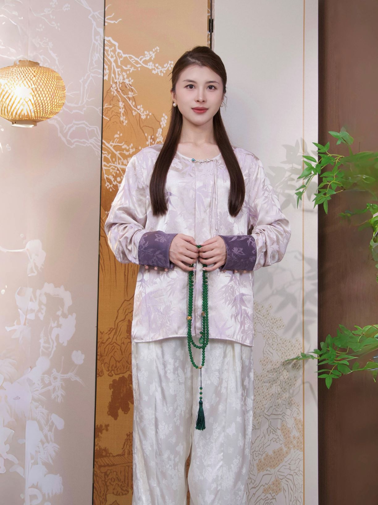 古月茗里【紫竹映月】新中式竹林暗纹提花盘扣圆领紫色春夏款上衣