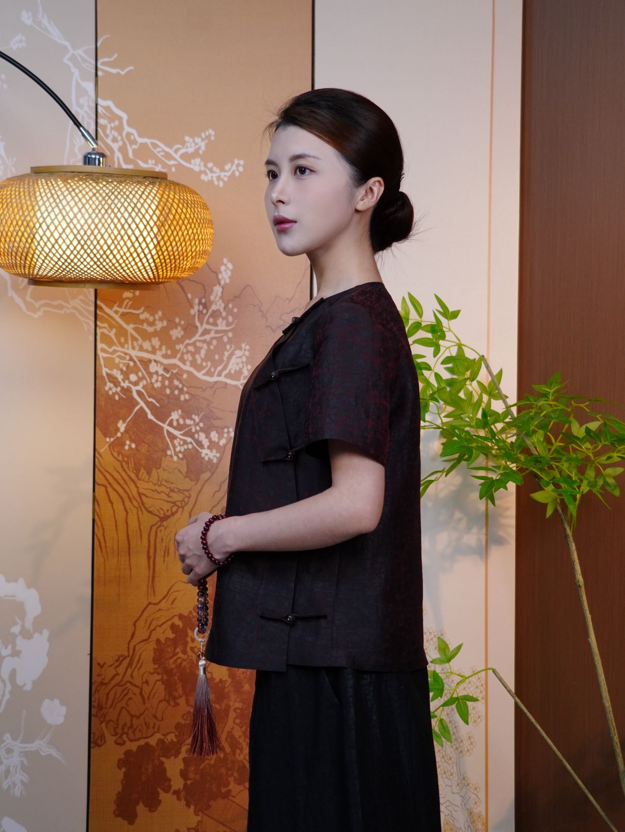 古月茗里【龟坼云绡】新中式龟裂纹香云纱斜襟盘扣圆领短袖上衣