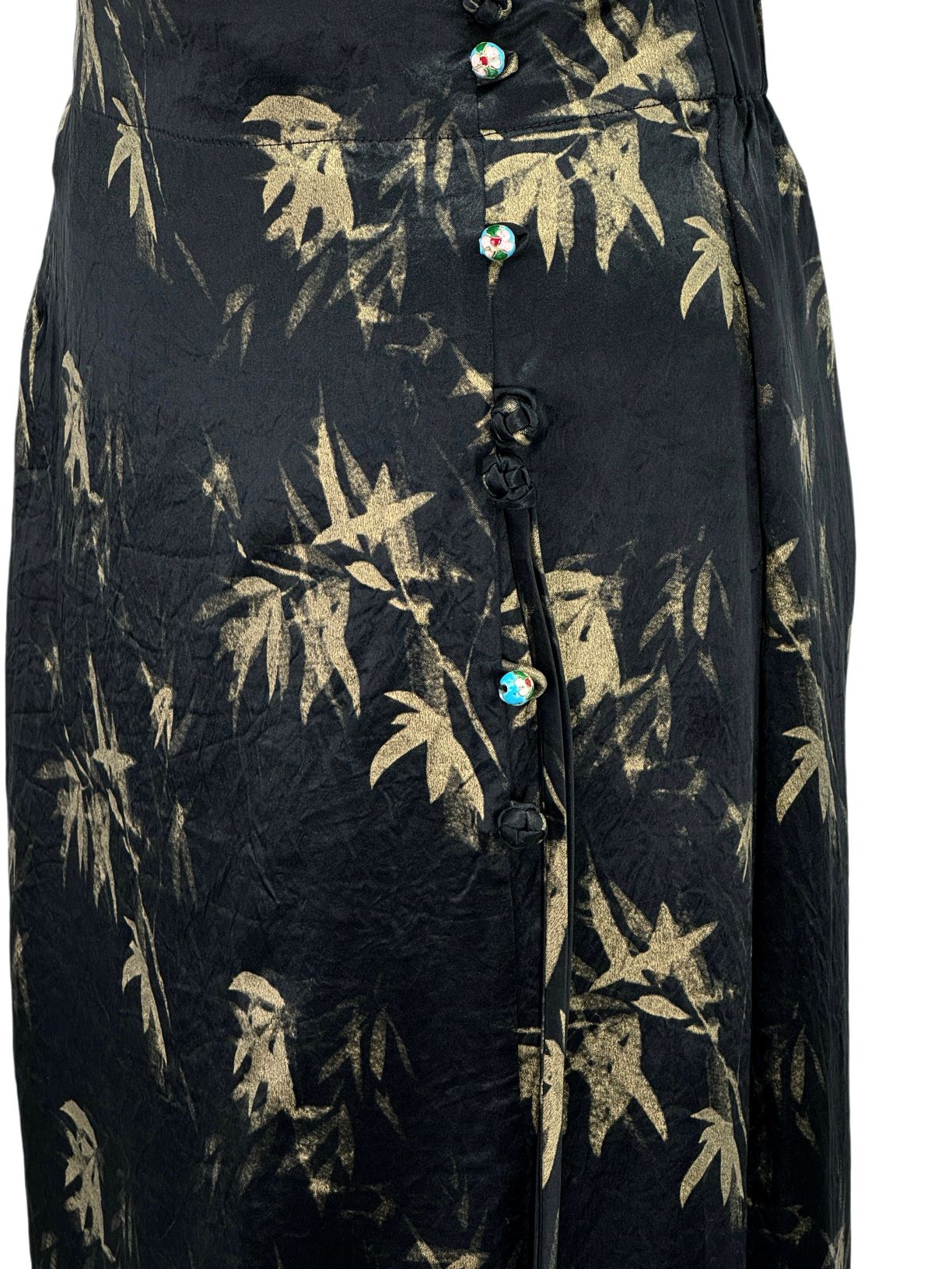 古月茗里【竹影婆娑】新中式竹子印花流苏侧开叉黑色半裙