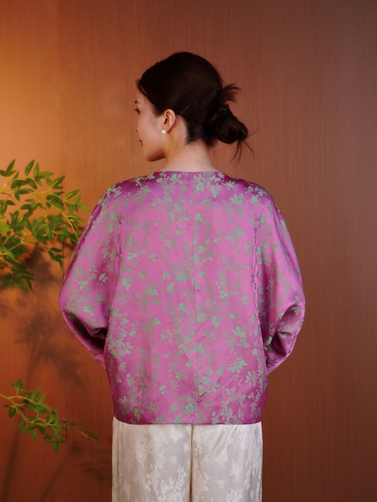 古月茗里【粉靥含芳】新中式丝质双面印花圆领长袖上衣外套