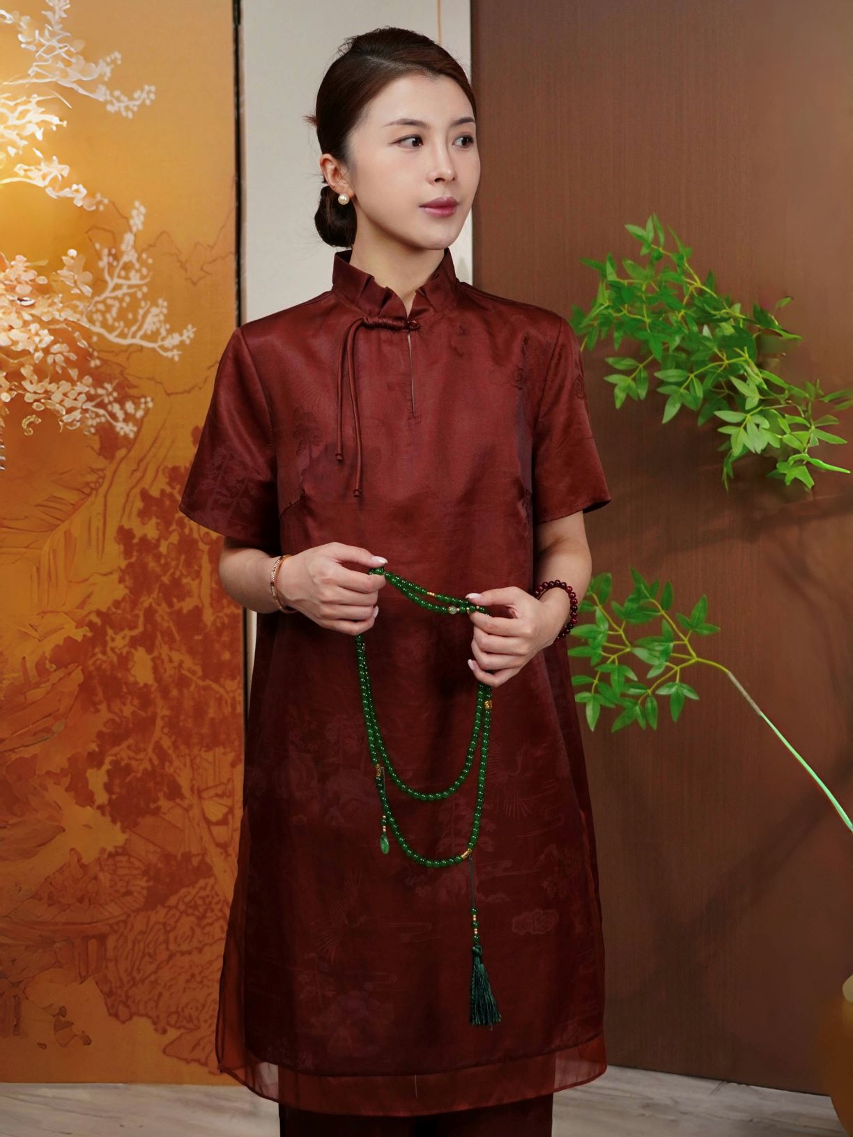 古月茗里【丹凤衔霞】新中式香云纱中长款旗袍立领短袖套装