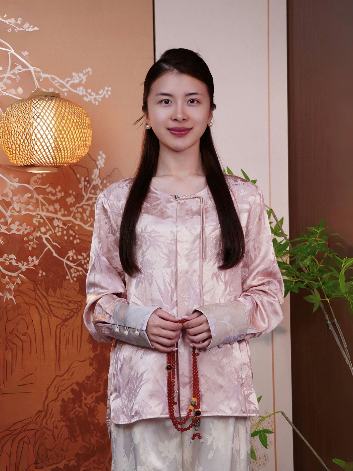 古月茗里【桃蹊粉陌】新中式竹林暗纹提花紫色拼袖盘扣圆领粉色春夏款上衣