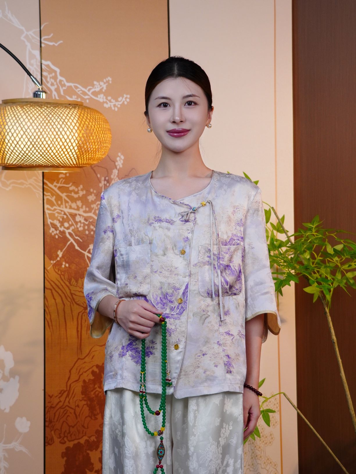 古月茗里【活色生香】新中式紫色山水印花手工流苏盘扣金色福扣圆领七分袖上衣