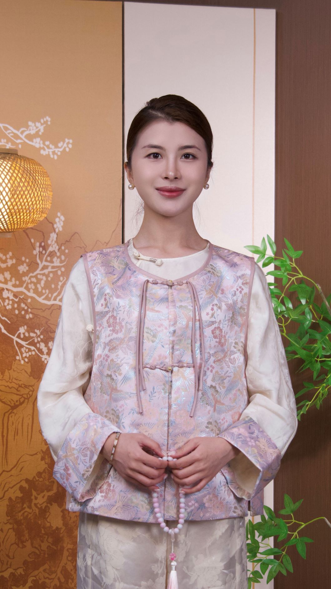 古月茗里【娇粉柔香】新中式宋锦花鸟图流苏盘扣圆领马甲