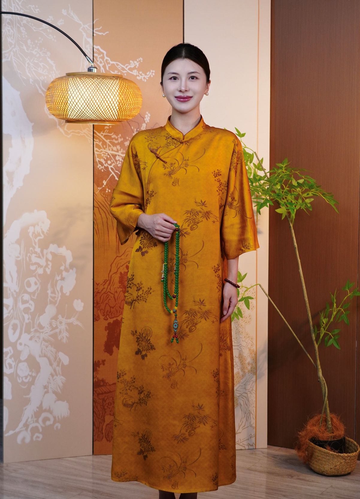 古月茗里【云锦金章】新中式香云纱提花斜襟盘扣可敞开两穿长袍