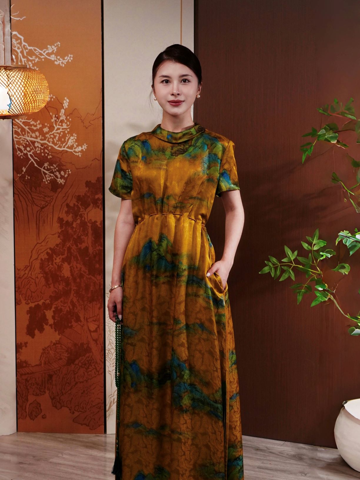 古月茗里【金銮叠翠】新中式国风山水画系带显瘦连衣裙复古长裙