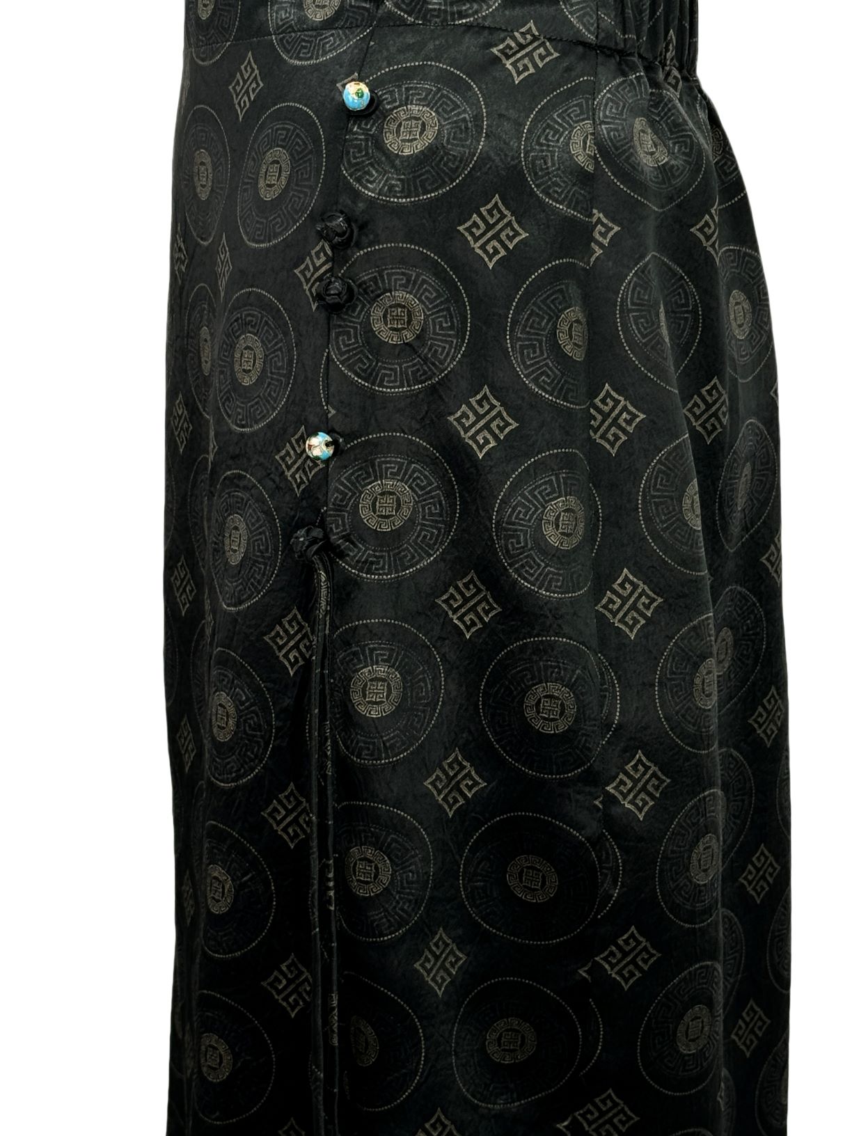 古月茗里【源源不断】新中式纹理感招财印花流苏侧开叉黑色半裙