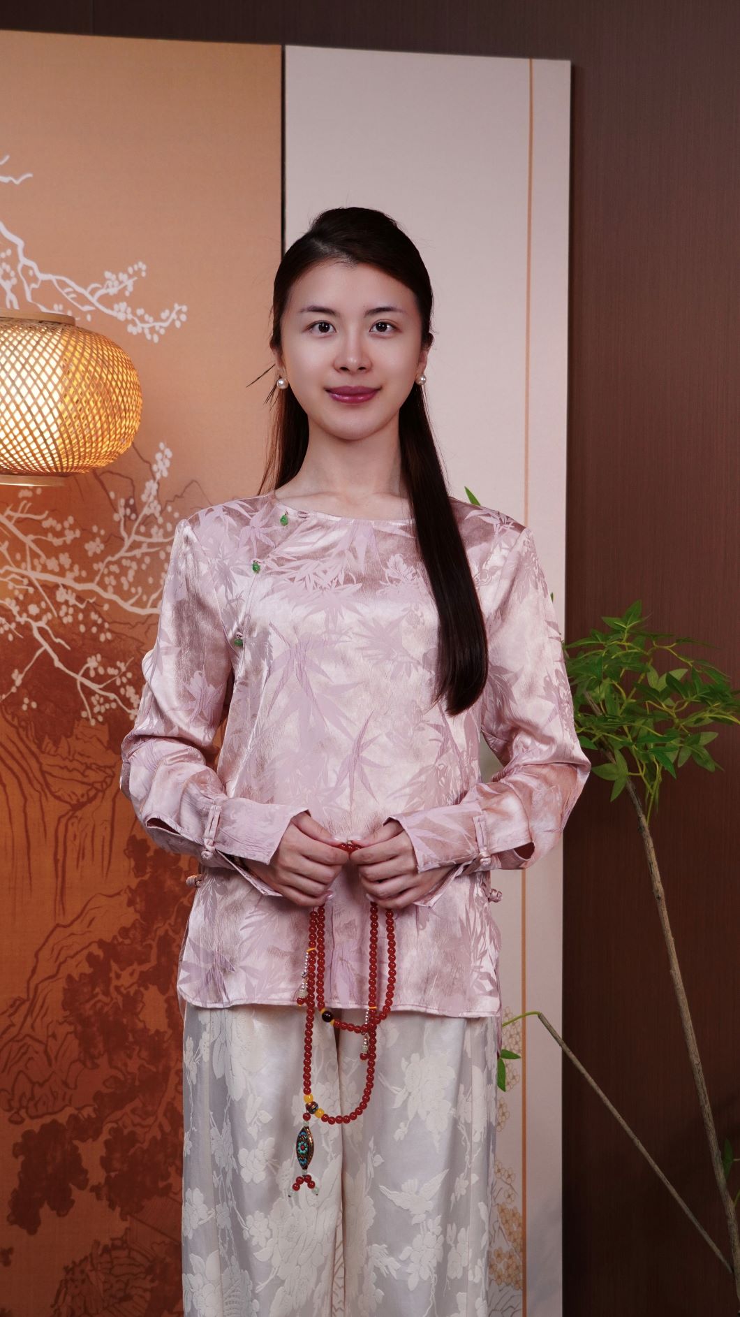 古月茗里【福禄绵绵】新中式高雅福禄扣竹林提花圆领粉色上衣